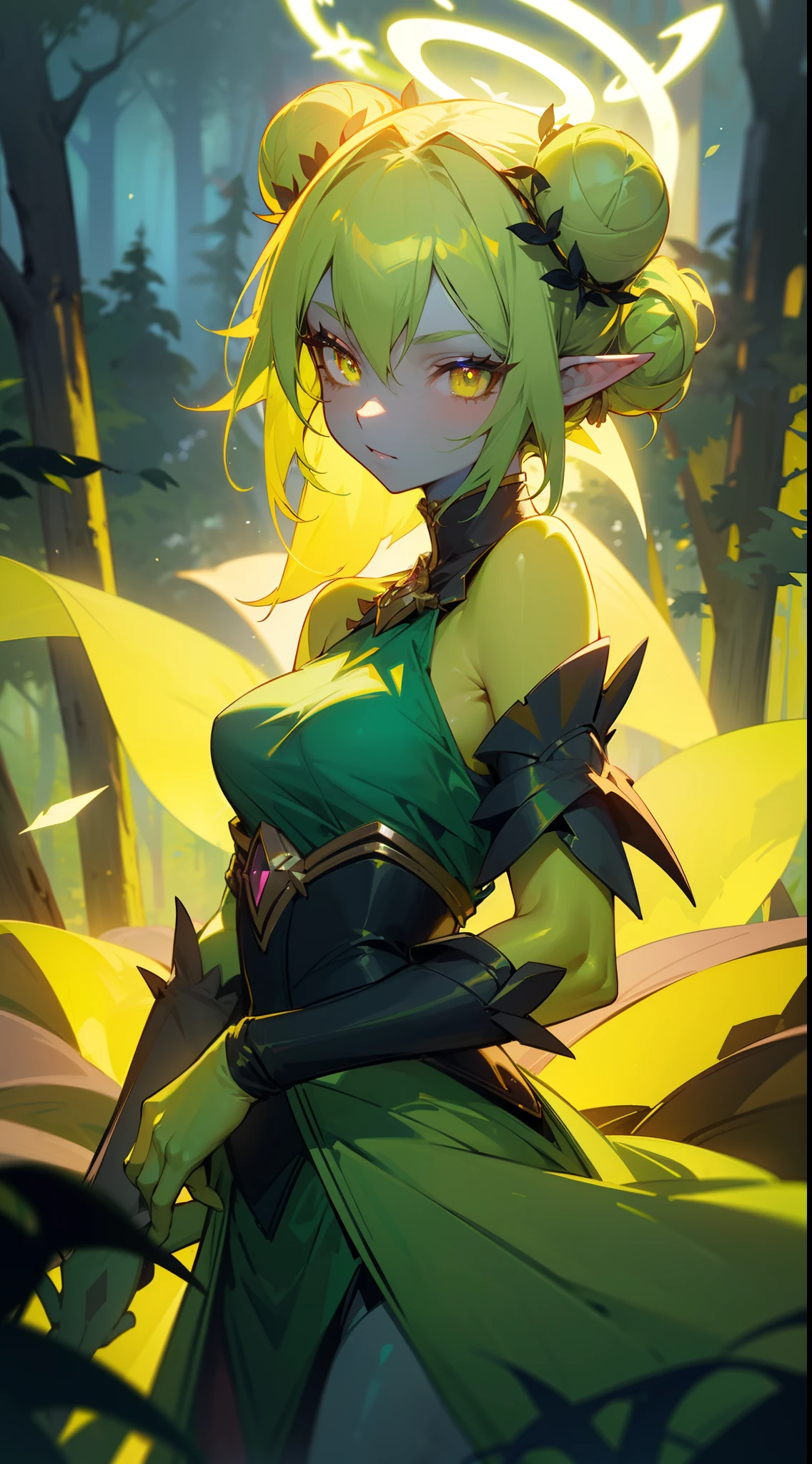 1girl,solo,((green skin,colored skin)),medium breasts,green hair,double bun,elf ears,pink eyes, empress of nature outfit,(((yellow halo))),(night castle in forest), night,