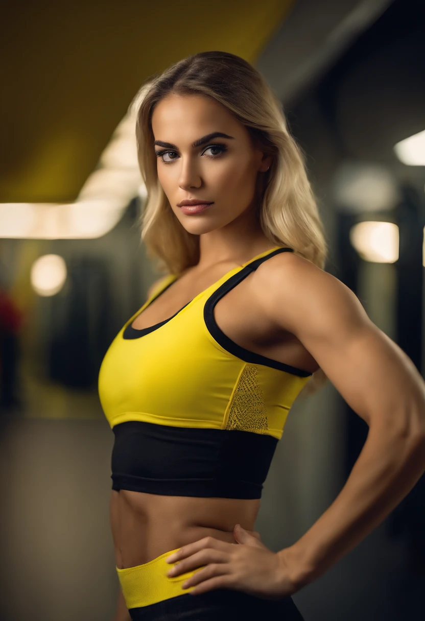 Photo studio gym background attractive super model 24 year old spanish girl, blonde hair big pecs, full shot, wearing a crop top jaune