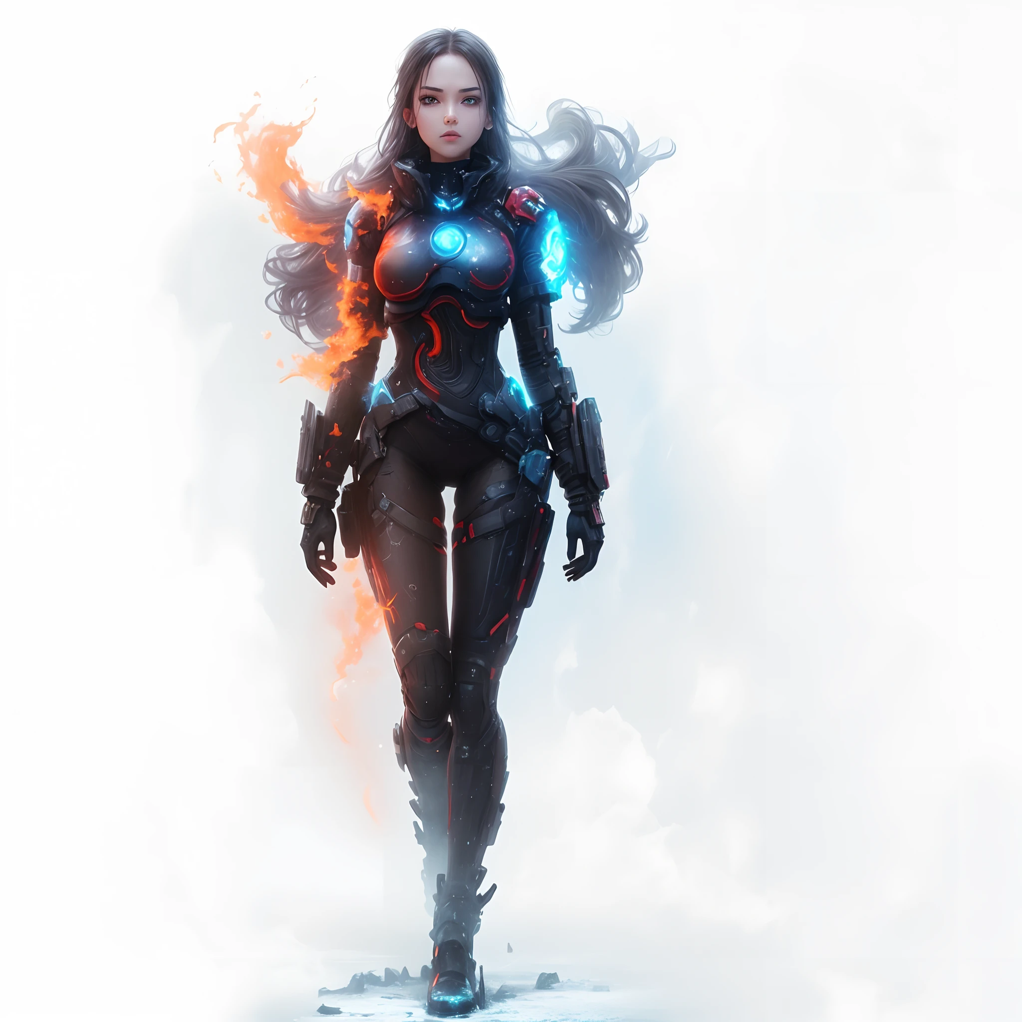 1girl in, Left-right attribute inversion, Fire and ice, cyberpunked,