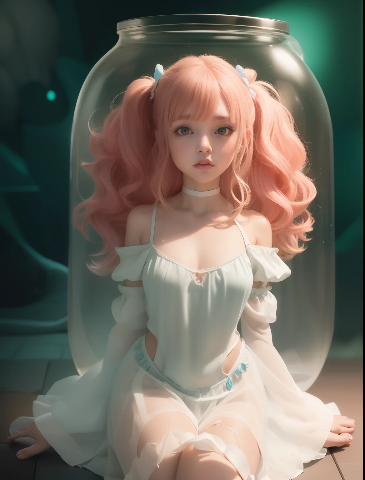 ((Full body)) 1.2 (( falling through the air )) a enchantly beautiful woman with pink eyes blue-greenish twin ponytails, wearing a red choker, blue large  crystal pendant, matching  wrist bands, white leather two piece skirt and blouse with  snow white tranparent straps