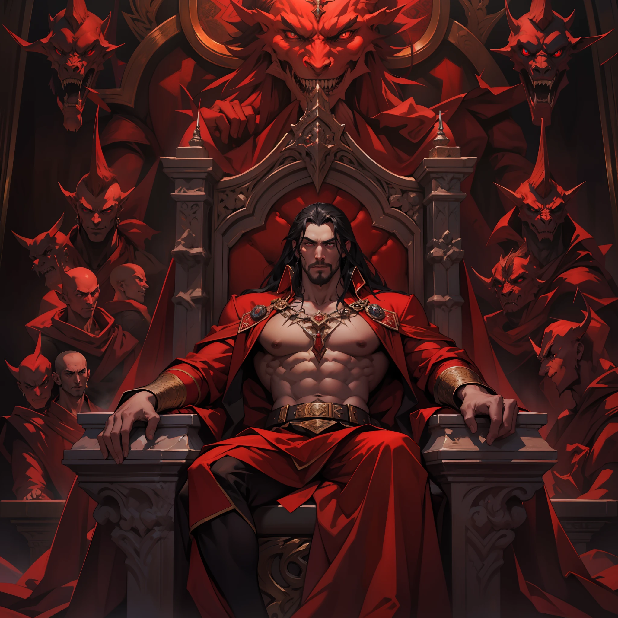 Castlevania Shadow Lord hyper realistic sup Legendary Lord Dracula handsome muscular red man bright eyes face portrait sitting in his big legendary Moroccan throne with demons next to him against humans hyper realistic super detailed Dynamic shot centerpiece Close zoom portrait zoom shot different angle positions