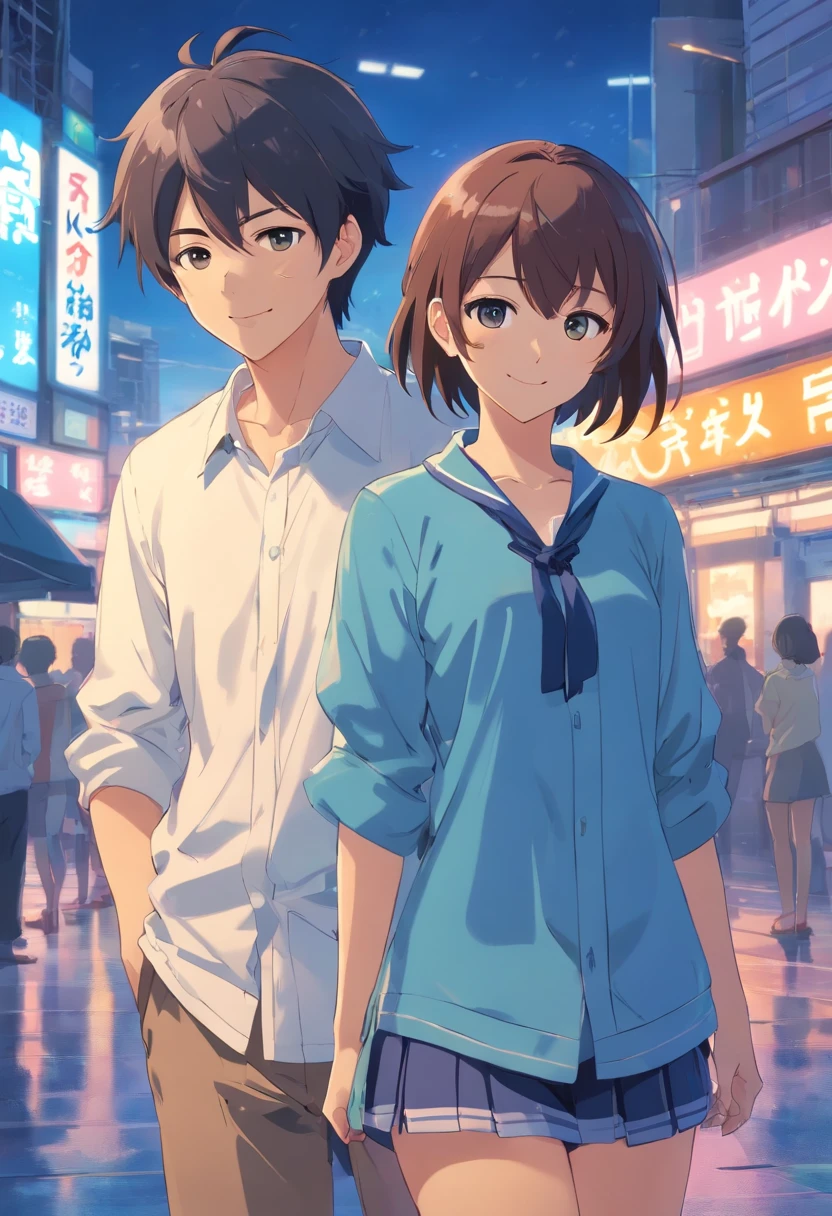 a couple of anime characters standing next to each other and happily posing for a picture (Boy and Girl), a blue vibrant color pallet, lightly smiley faces, casual clothes, 8k, high quality, ray tracing, looking at the camera, holding phones