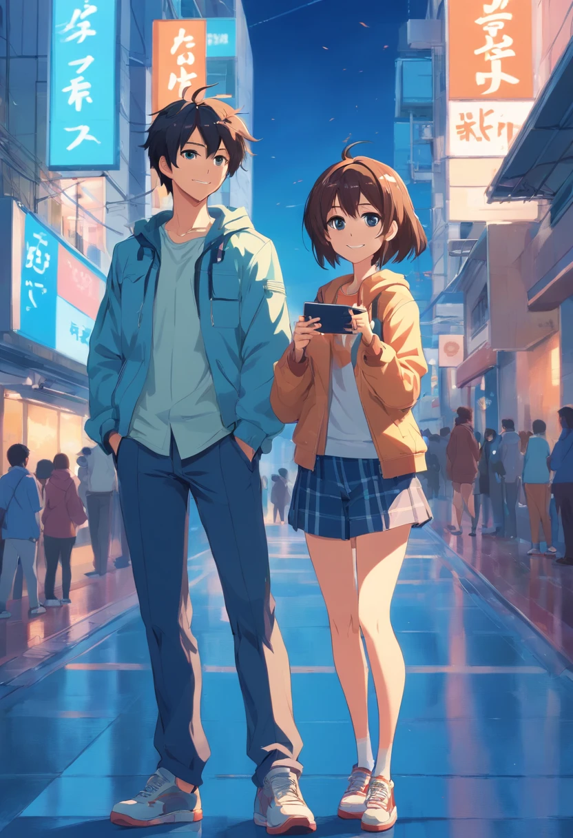 a couple of anime characters standing next to each other and happily posing for a picture (Boy and Girl), a blue vibrant color pallet, lightly smiley faces, casual clothes, 8k, high quality, ray tracing, looking at the camera, holding phones