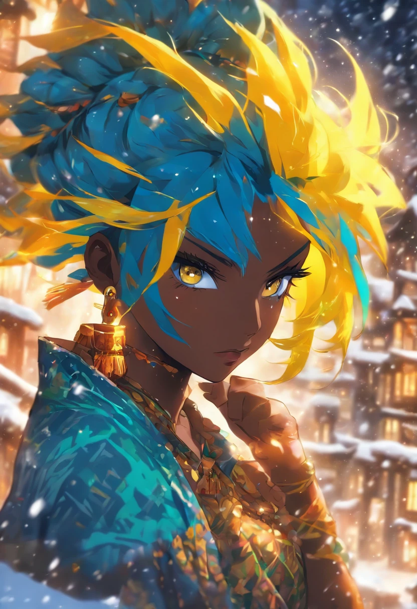 The most beautiful and sexy girl, dark skin, blue hair, yellow eyes, highly detailed ,full body view ,winter traditional clothing, perfect masterpiece, high quality, high resolution