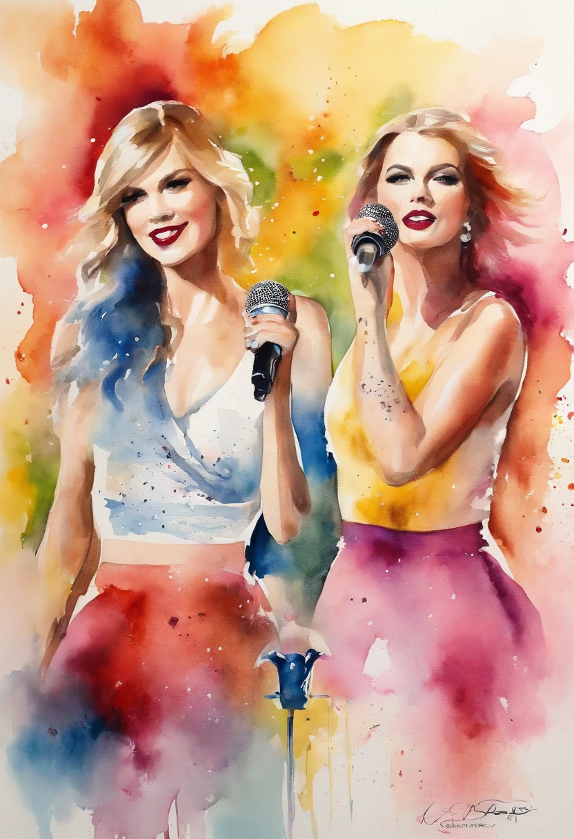 Taylor Swift and Katy Perry singing together with a single microphone una en frente de la otra, Wonderful stage performances,Luces brillantes,Dynamic dance,Singing with passion,Pop-style music, The unique image and charm of Taylor Swift,Voz encantadora,Maquillaje y vestuario exquisitos,Impresionante escenario,The enthusiastic audience shouts, encantador, cuerpo completo.