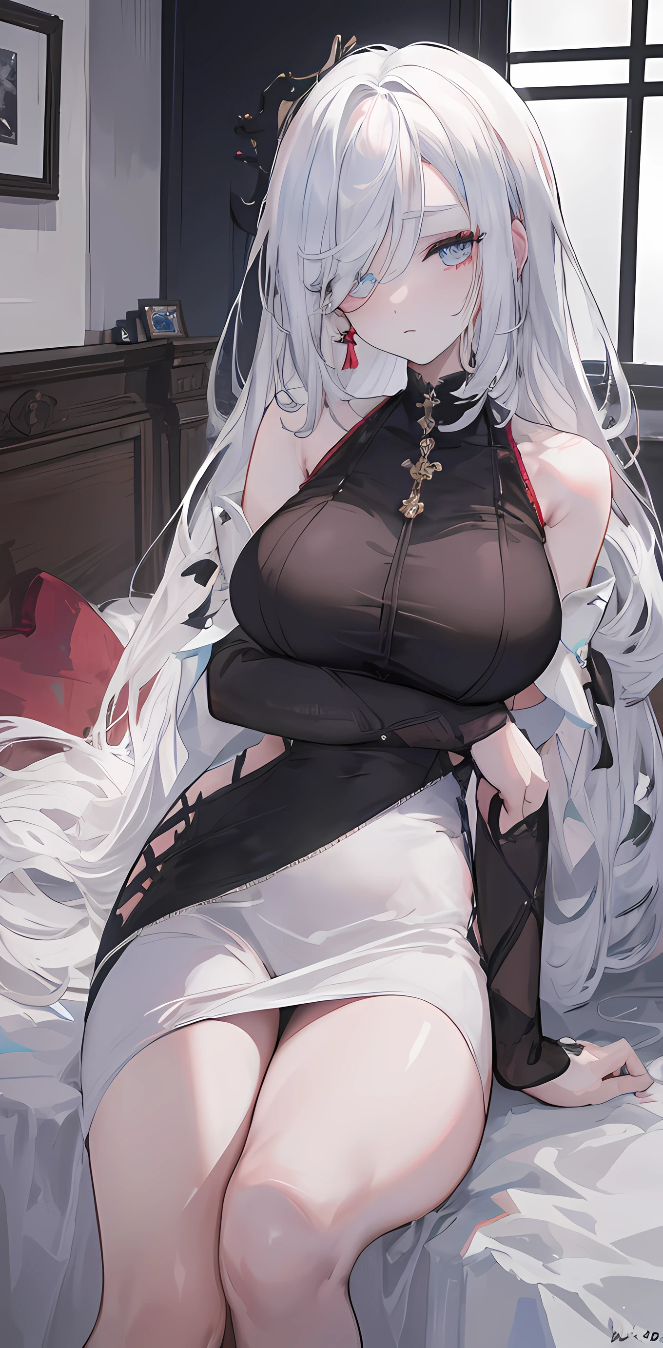((beautiful lighting, Best quality, 8K, Masterpiece: 1.3)), 1girl, Perfect body beauty, ((white hair)), (White+black dress: 1.4), (Indoor , night: 1.1), sexy pose (lie on the bed), Super Fine Face, Fine Eyes, naughty look