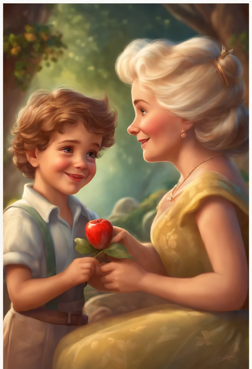 create a picture in which two  up boys getting love from their cute old mother, realistic, disney style, vibrant colors