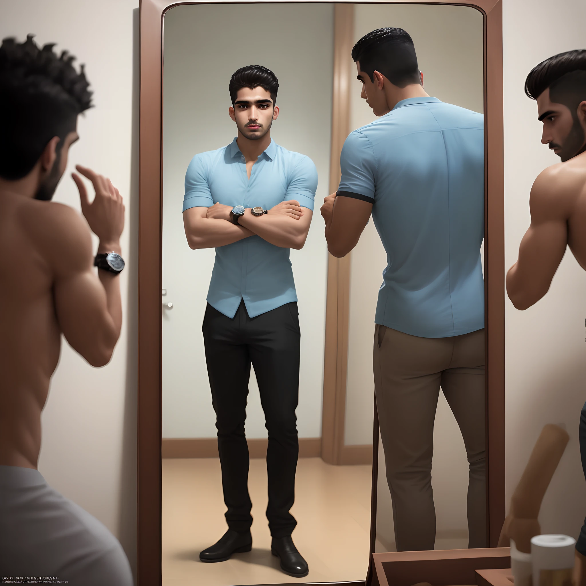 There's a man who's looking at his watch in the mirror., Caio Santos, Atef, Alex, andres rios, Riyahd Cassiem, Mohamed Chahin, zigor samaniego style, jose miguel roman frances, José Moncada, help me, imagen de muy muy muy baja calidad, Saadane AFIF, foto realista