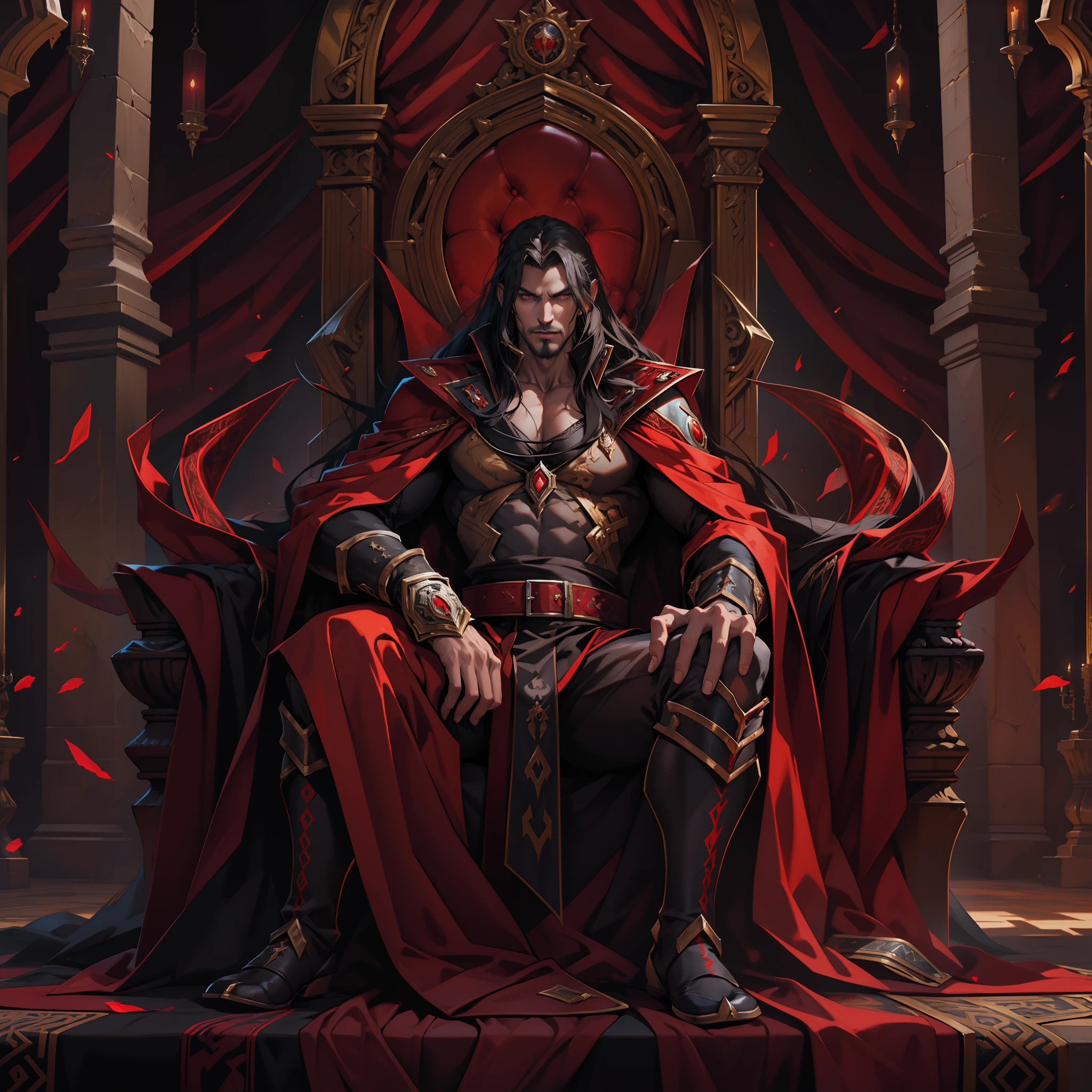 Castlevania Shadow Lord hyper realistic sup Legendary Lord Dracula handsome muscular red man bright eyes face portrait sitting in his big legendary Moroccan throne with demons next to him against humans hyper realistic super detailed Dynamic shot centerpiece Close zoom portrait zoom shot different angle positions