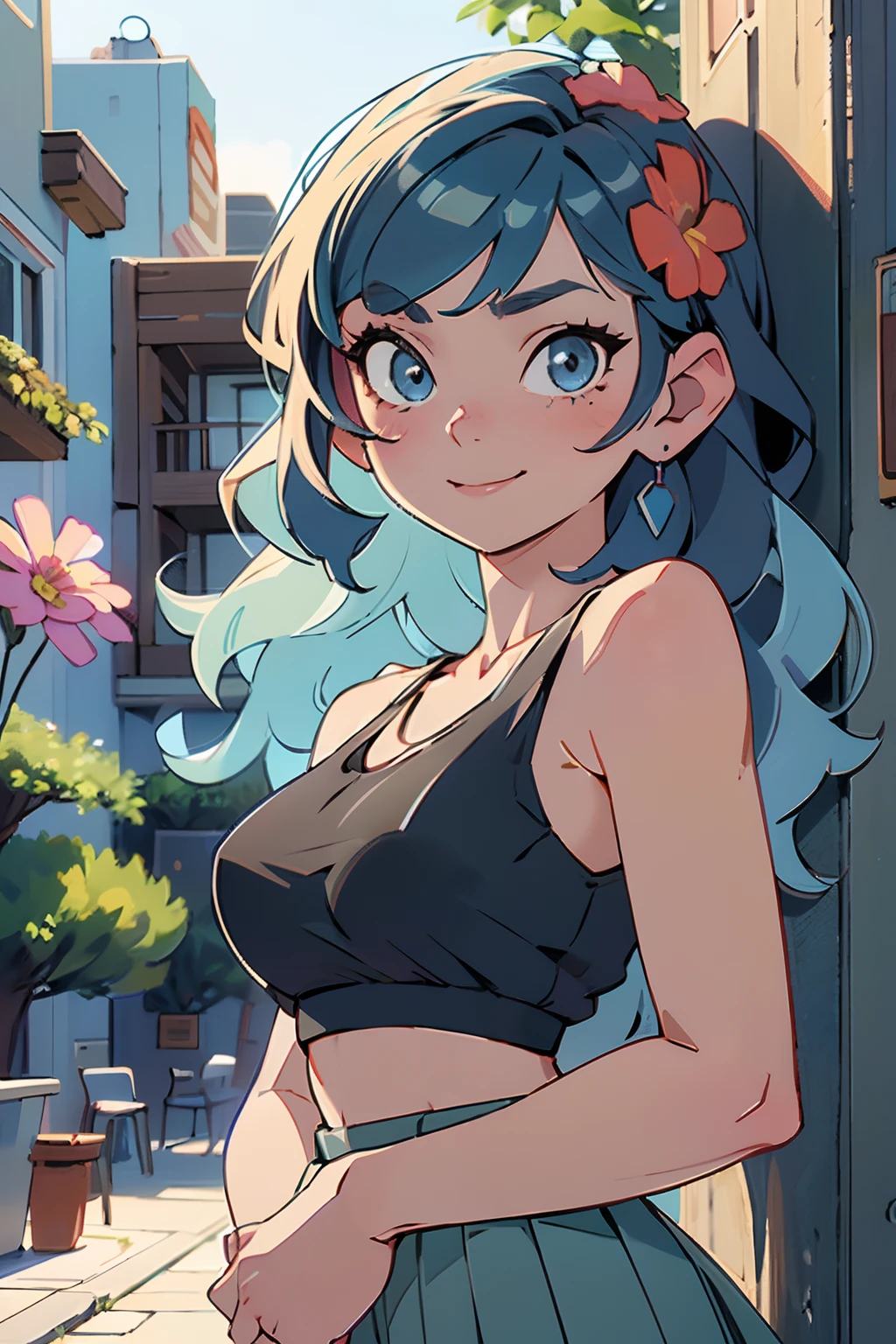 masterpiece, best quality, extremely detailed CG unity 8k wallpaper, Volumetric Lighting, Best Shadows, best Depth of Field, 1girl, (Ramona_flowers:1.5), (wavy blue hair, black pleated skirt, black tank_top:1.2), (realistic:1.2), (masterpiece:1.2), (full-body-shot:1), smiling, black boots, dark romantic lighting, (highly detailed:1.2),(detailed face:1.2), (gradients), colorful, detailed eyes, (detailed landscape:1.2), (natural lighting:1.2),(detailed background), detailed landscape, (shy pose:1.2), (solo, one person, one subject:1.5