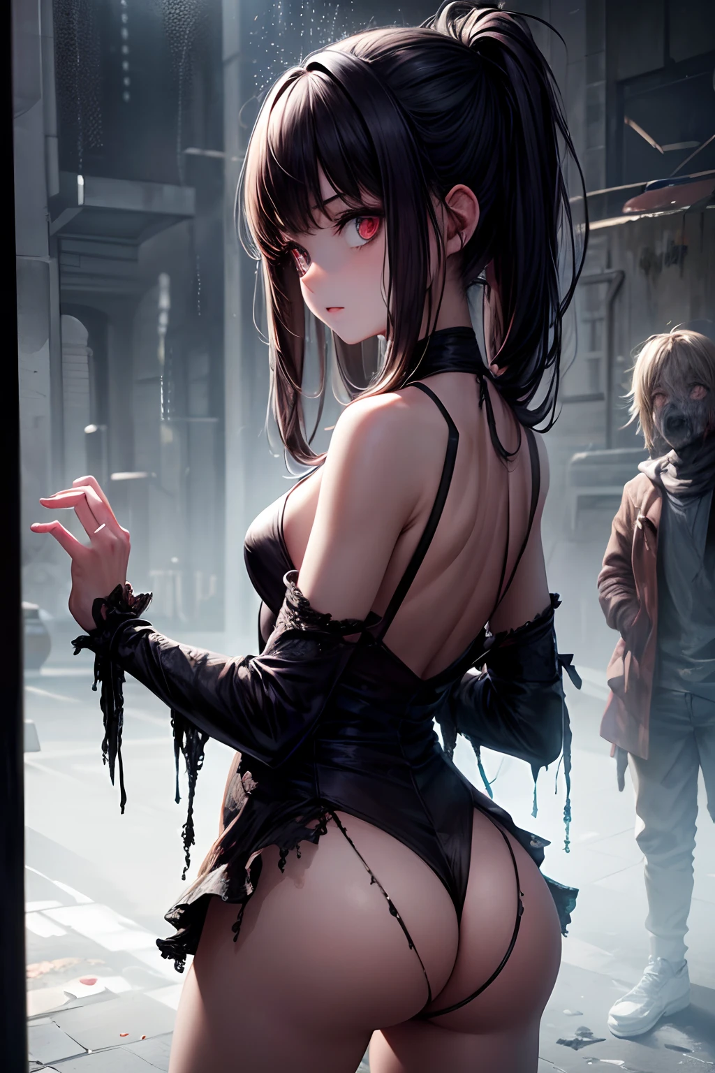 highres, shadows, absurdres, best_quality, ultra_detailed, 8k, extremely_clear, photograph, beautiful, sharp focus, hdr, beautiful face, petite body, 1girl, scared, wide-eyed, shock, barely clothed, torn clothes, dress, multiple boys, zombie, raining, looking back, showing ass