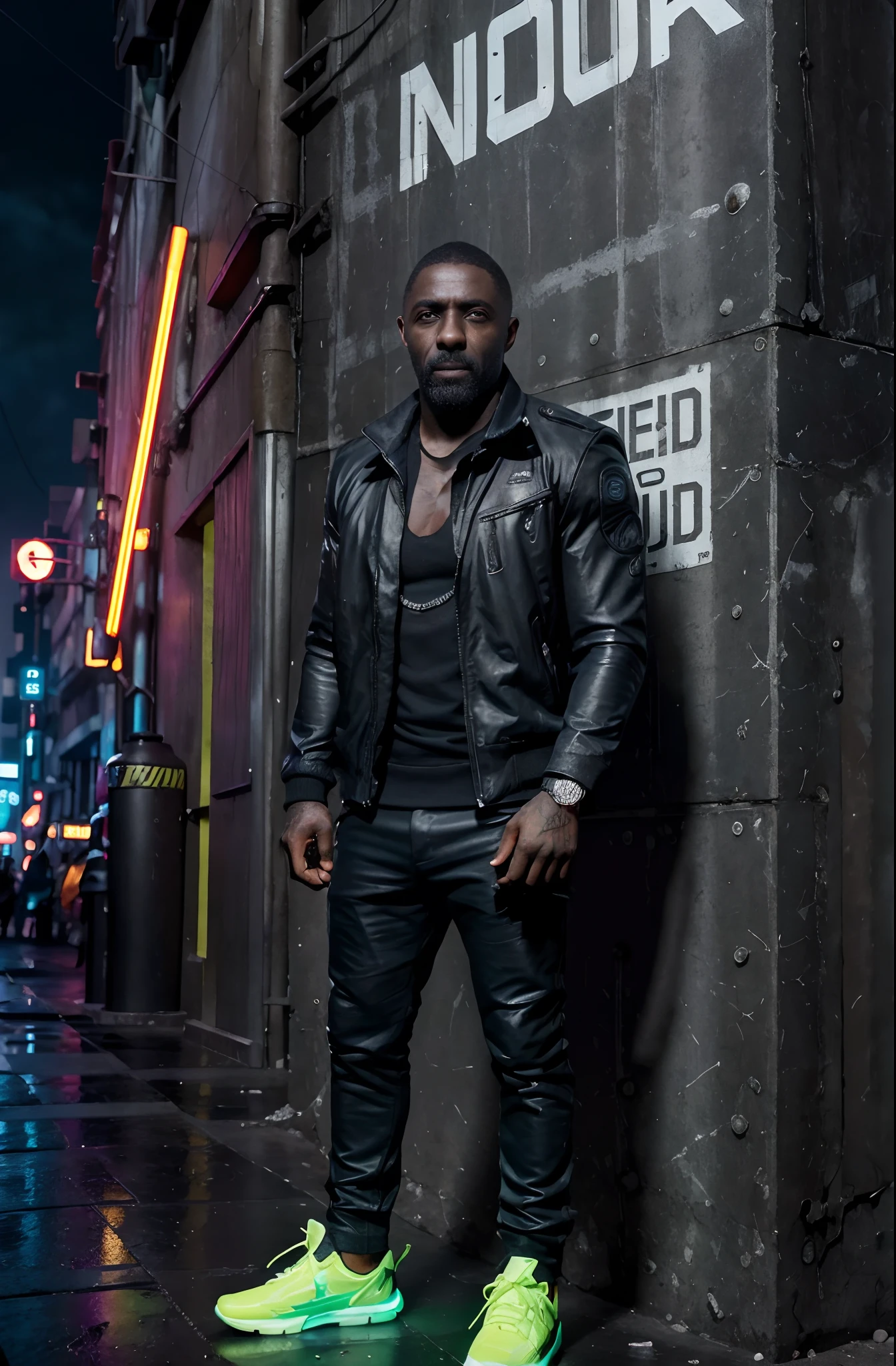 "Explore as ruas iluminadas por neon de Cyberpunk 2077 com Idris Elba como seu guia. From his sleek streetwear to the electrifying wave of lightning behind him, this 3D CGI image will transport you to a futuristic world like no other.", ((Idris Elba)), Loish, Jeremy Mann, tiro de corpo inteiro, folha de caracteres, Onda de raios, ....3d, ..cgi, glowing neon, Cyberpunk, roupa streetwear, neon city