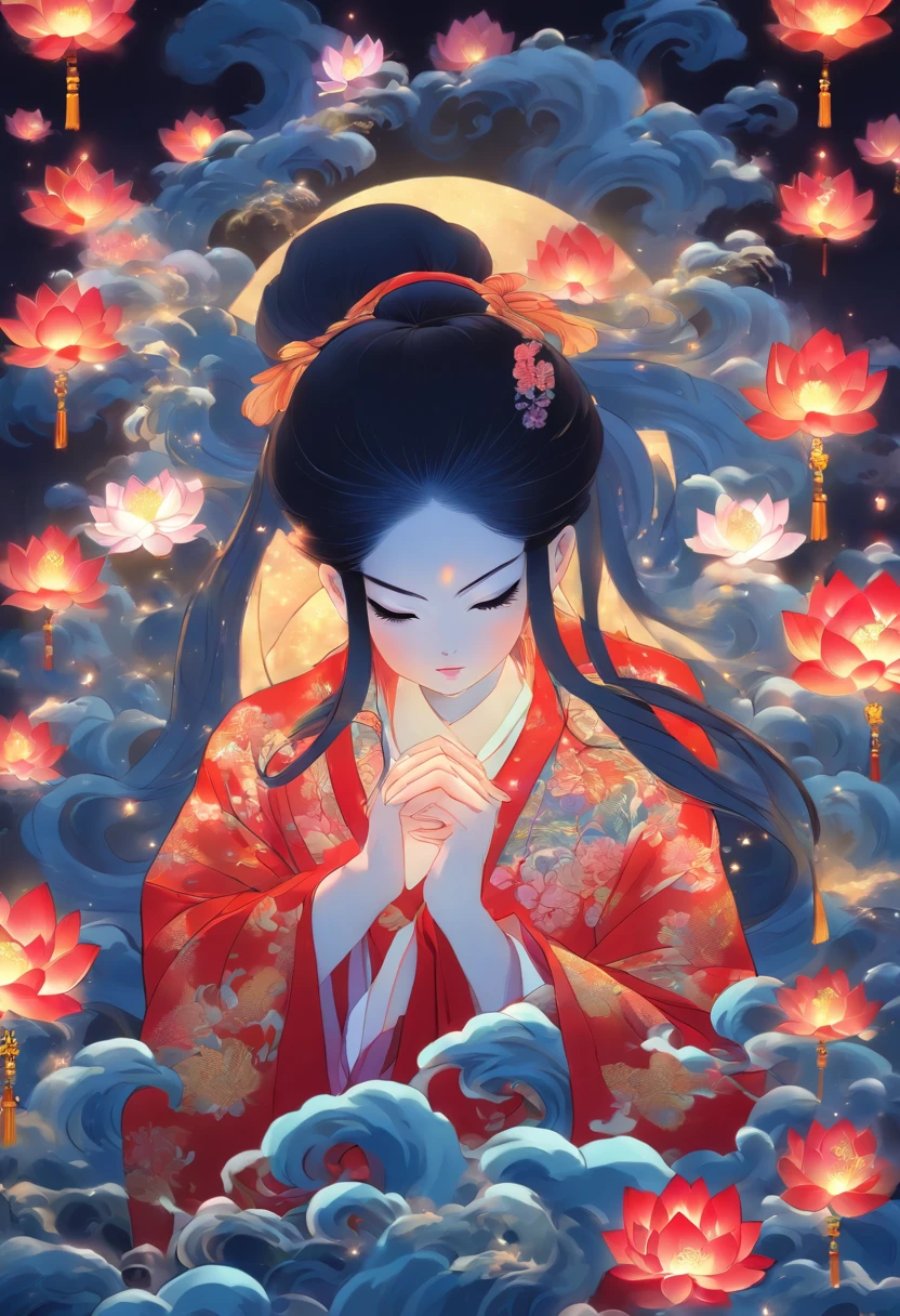 Kaguyahime, Enlightened Princess, black hair, Japanese clothing, night, expression of sadness, Shui Mo Hua, lotus, Chinese painting style, Thangka style, masterpiece, lunar light, depth of field, best quality