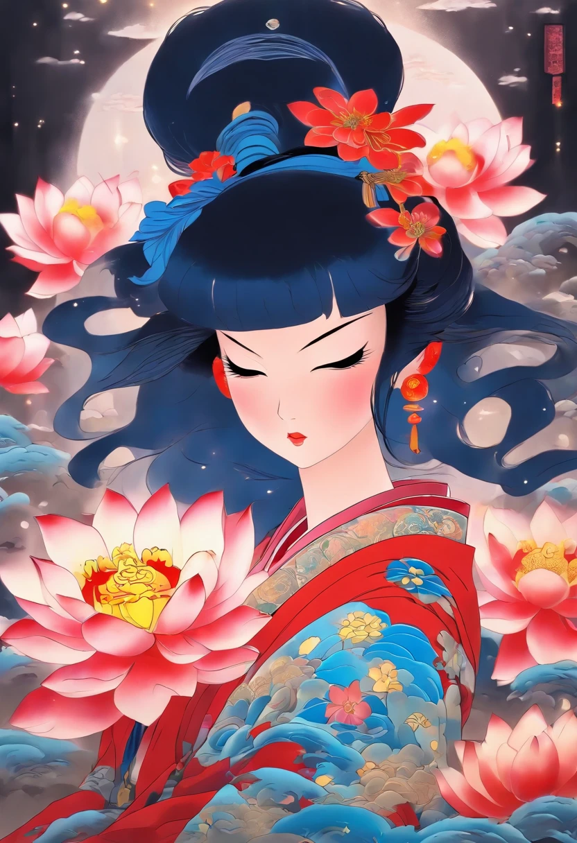 Kaguyahime, Enlightened Princess, black hair, Japanese clothing, night, expression of sadness, Shui Mo Hua, lotus, Chinese painting style, Thangka style, masterpiece, lunar light, depth of field, best quality