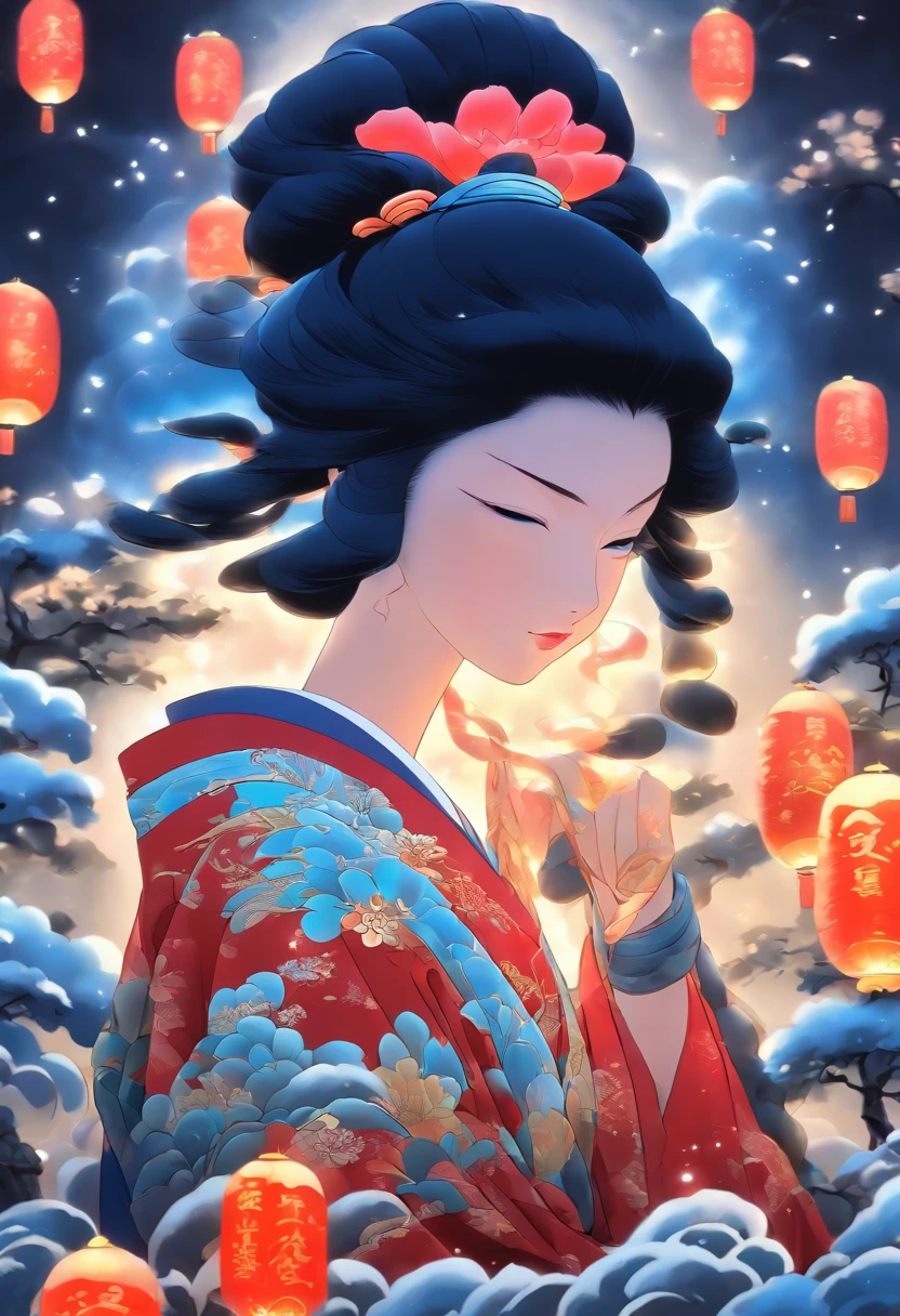 Kaguyahime, Enlightened Princess, black hair, Japanese clothing, night, expression of sadness, Shui Mo Hua, lotus, Chinese painting style, Thangka style, masterpiece, lunar light, depth of field, best quality