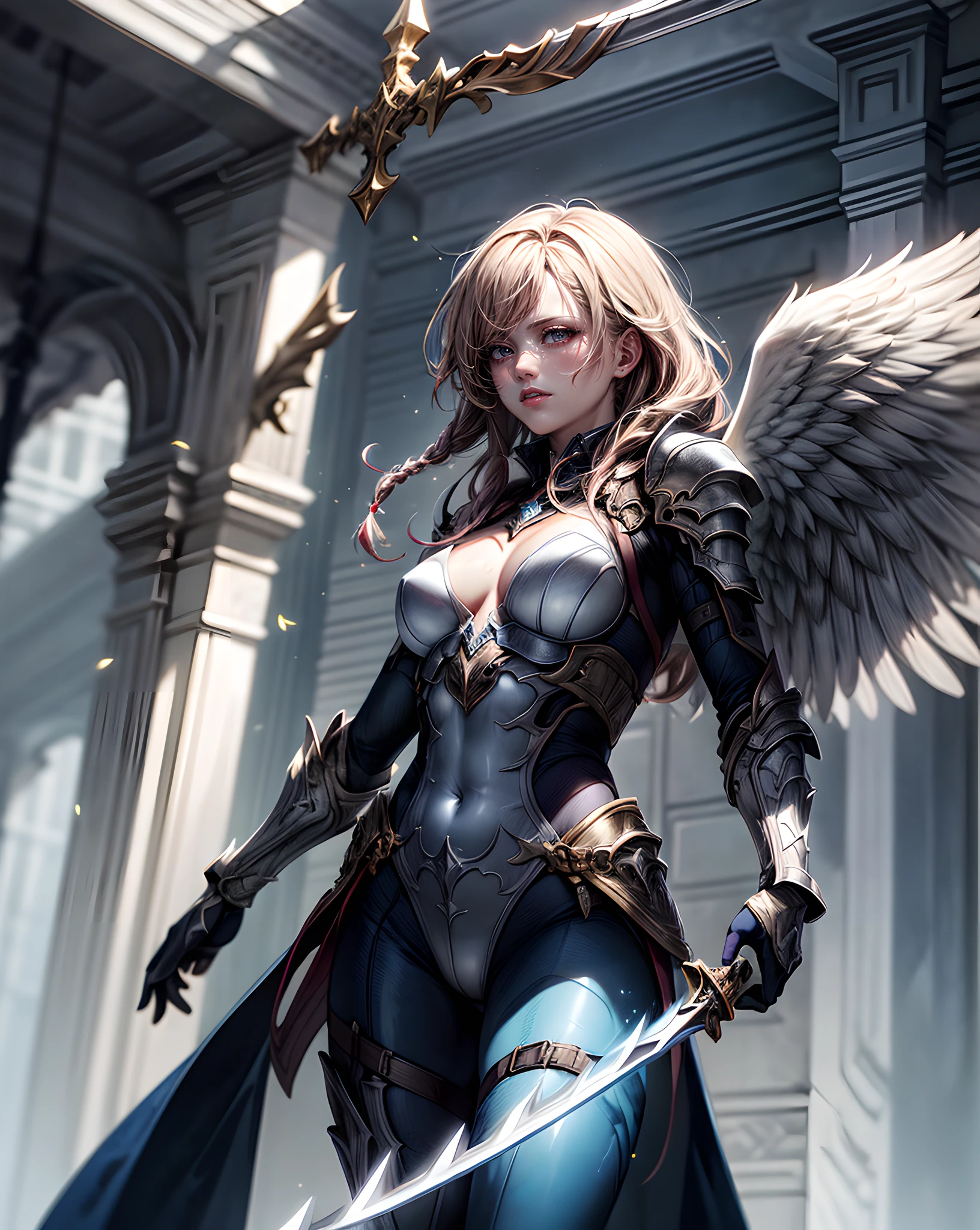 (Comic book cover art: 1.5), an female archangel prepared for battle, an extremally beautiful warrior angel, ultra feminine, long hair, blond hair, braided hair, wearing divine heavy armor, (white armor: 1.2), (angel wings: 1.2) spread, aremed with fantasysword sword, sword covered with blue fire, ultra wide shot, photorealism, depth of field, hyper realistic, 2.5 rendering,