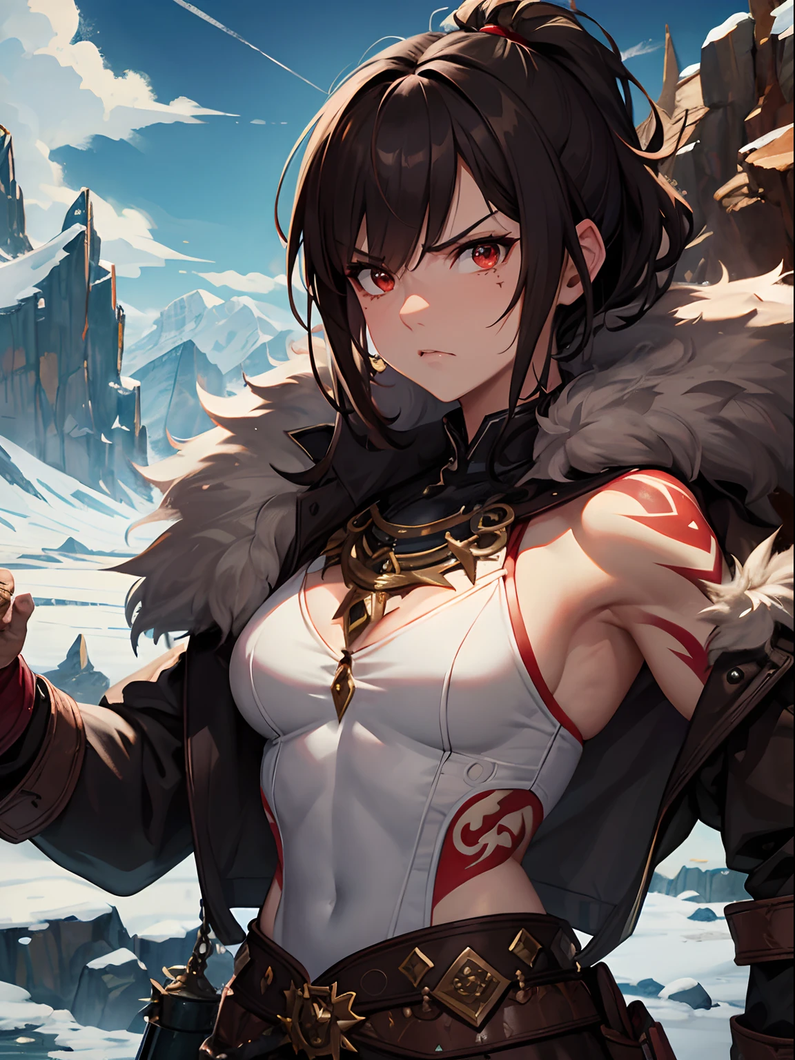 Close up, fantasy world, rocky mountains, ice, adult woman, dirty, angry expression, tough look, short brown hair, red eyes, muscular, brown tribal clothes, animal pelts, bones, revealing outfit, green tattoos