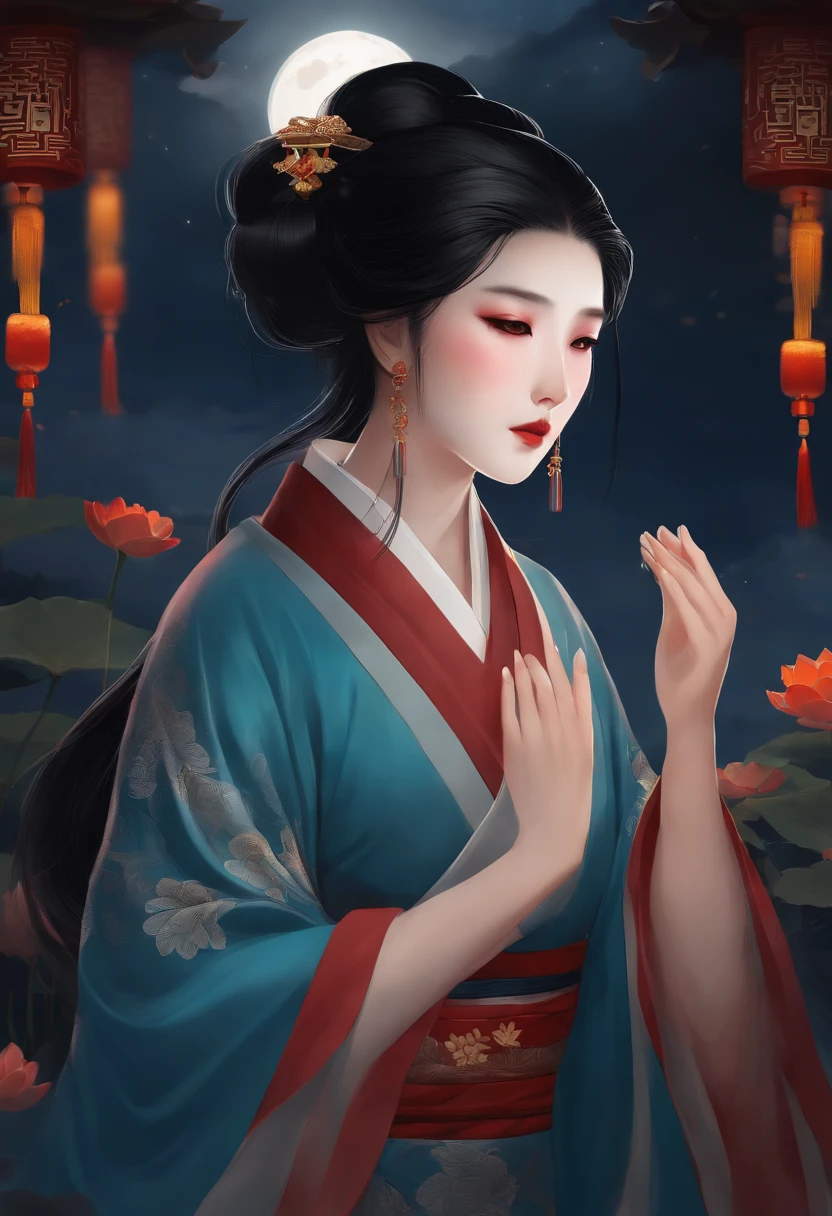 Kaguyahime, Princess, black hair, Japanese clothes, night, expression of sadness, crying, full moon in the background, Shui Mo Hua, lotus, Chinese painting style, Thangka style, masterpiece, lunar light, depth of field, best quality