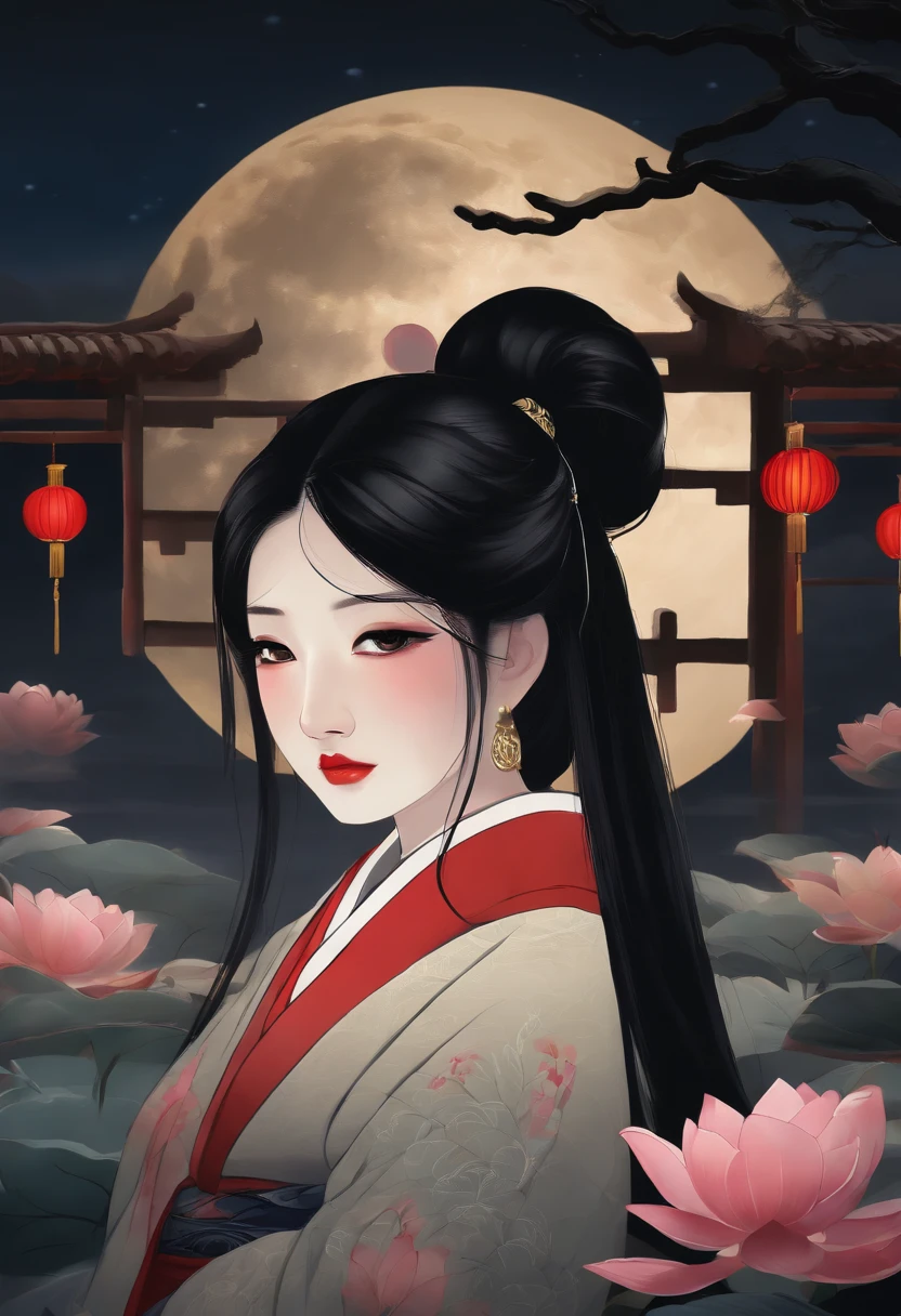 Kaguyahime, Princess, black hair, Japanese clothes, night, expression of sadness, crying, full moon in the background, Shui Mo Hua, lotus, Chinese painting style, Thangka style, masterpiece, lunar light, depth of field, best quality
