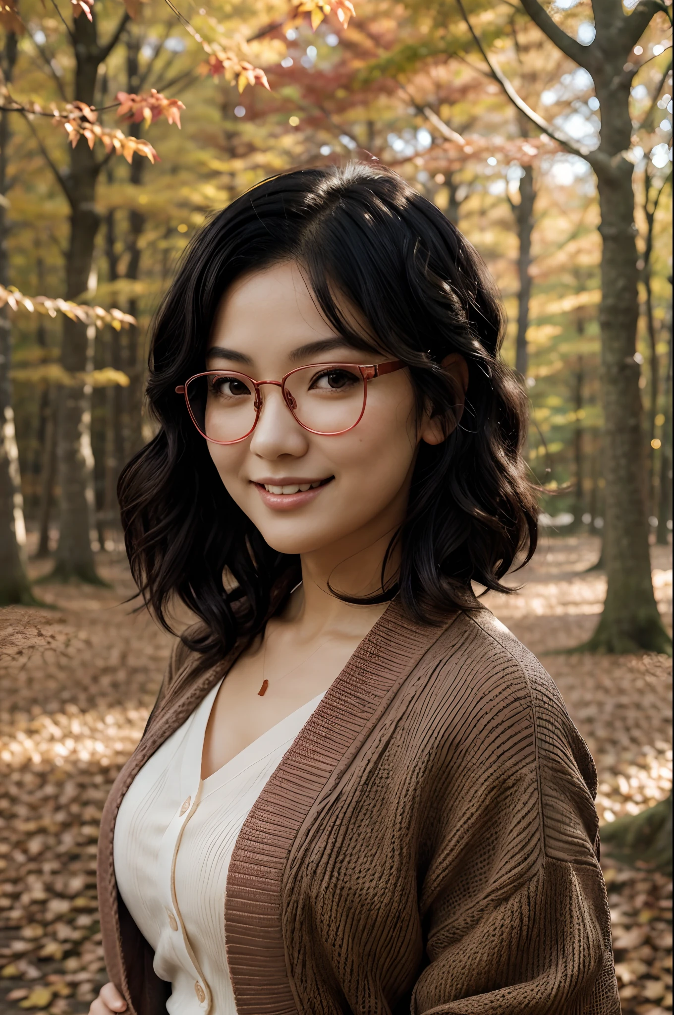 masterpiece, japanese woman, ((short wavy black hair)), blush, perfect illumination, autumn, fall season, bright red trees, late afternoon, forest, extremely detailed face, bangs, bright skin, big smile, portrait, cardigan, colorful, rimless glasses, depth of field, reddish