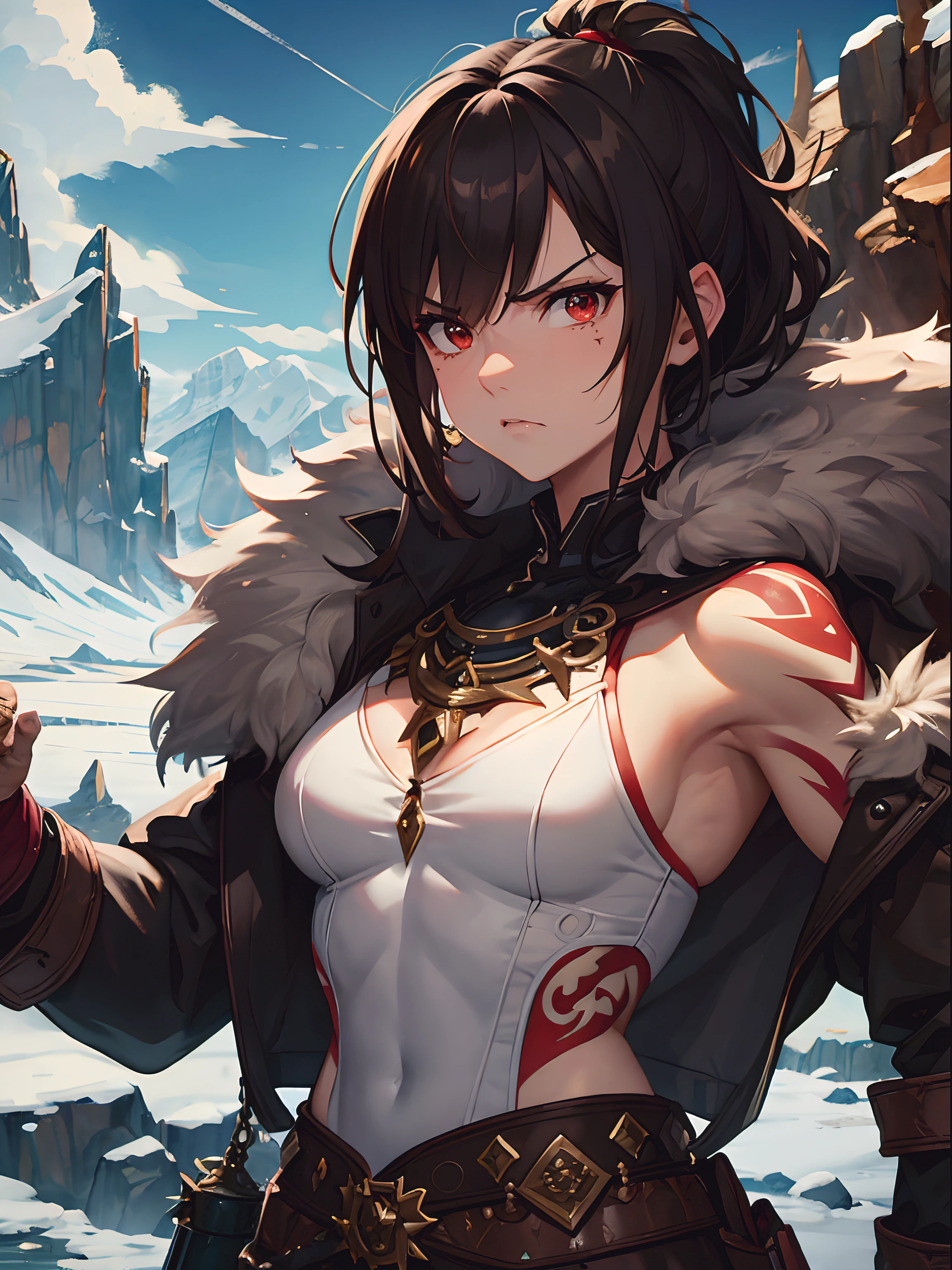 ultra detailed, masterpiece, girl, black hair, , wolf skin clothes, eskimo style, tribal warrior, medium breasts , native, angry. Standing front. Neve . Bestial . Tribal Tattoos