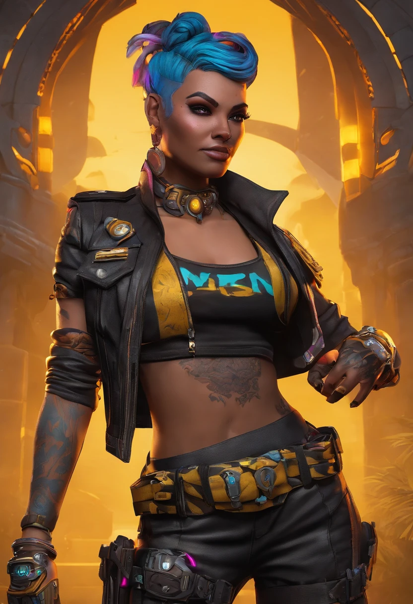 Borderlands 3 siren character designer, aura, neon tattoos, Black suite, badass pose