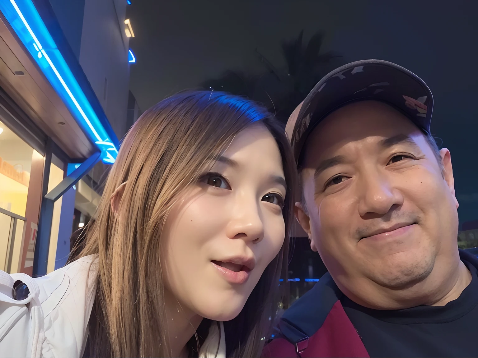they are posing for a picture outside of a restaurant at night, momma and papa, vacation photo, profile image, photo taken in 2 0 2 0, reddit post, taken in the early 2020s, 8k selfie photograph, happy couple, tyler edlin and natasha tan, in a las vegas street, selfie, selfie photo, night!, instagram post