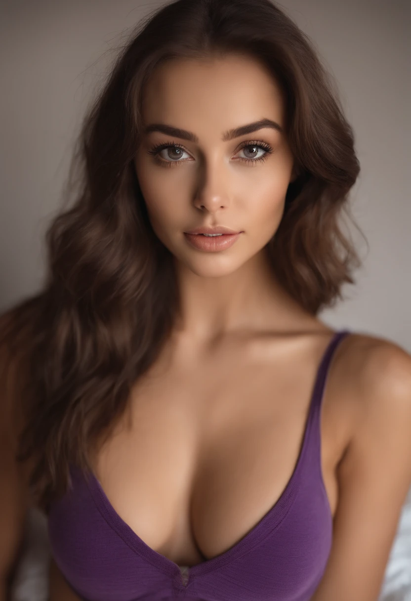 arafed woman with matching tank top and panties, sexy girl with brown eyes, portrait sophie mudd, brown hair and large eyes, selfie of a young woman, bedroom eyes, violet myers, without makeup, natural makeup, looking directly at the camera, face with artgram, subtle makeup, stunning full body shot, in bedroom, cleavage