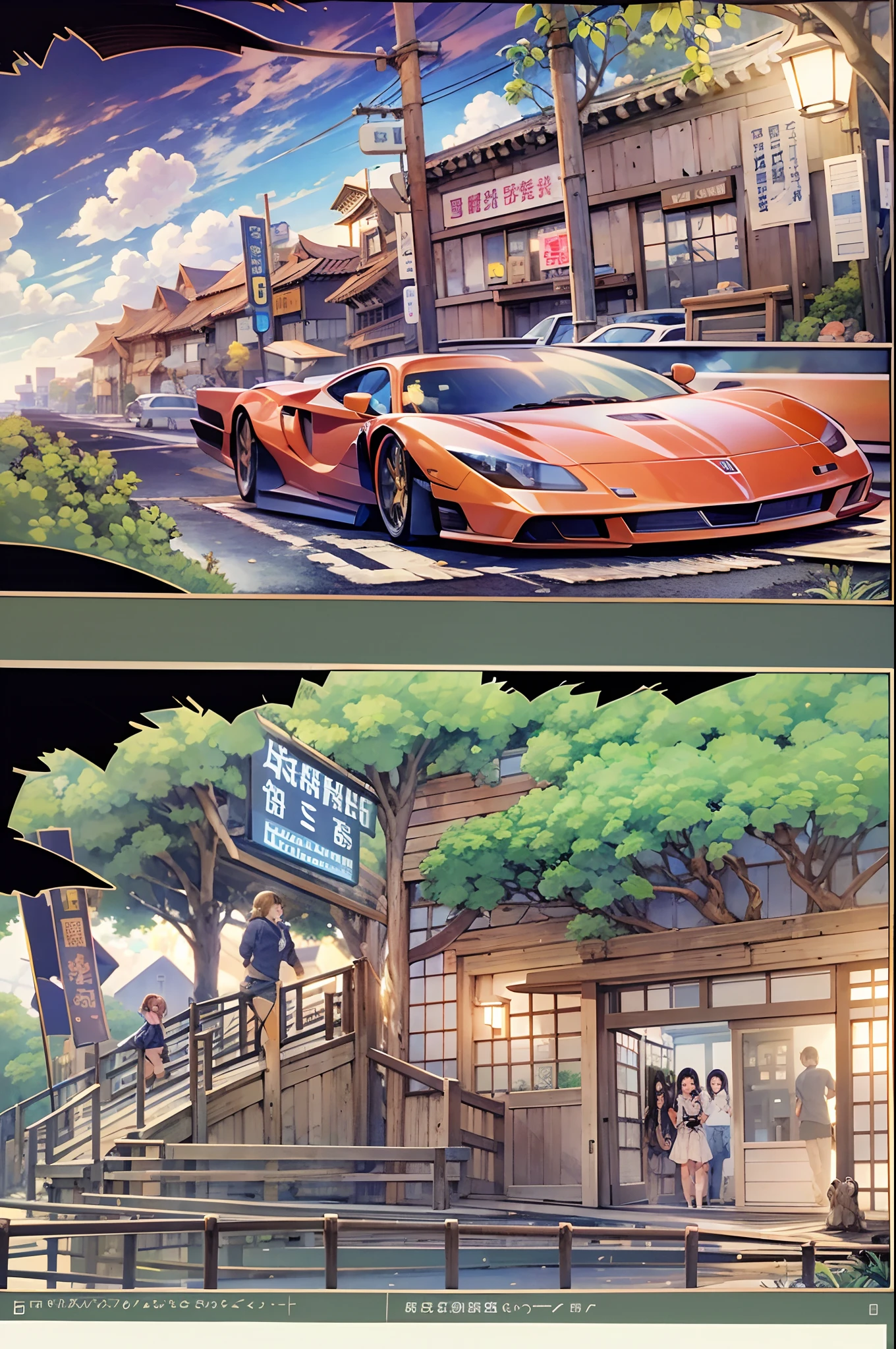 （（（Comic storyboard））），comic strip，Two-dimensional picture，Manhwa Style，Ultra-wide angle of view，China-style，a town with beautiful scenery，Faraway view，Vivid and bright colors，super-fine，ultra - detailed，high qulity，8K ，oc rendered，dynamic viewing angle，Hyper-realistic，Hyper Real，Ultra photo realsisim