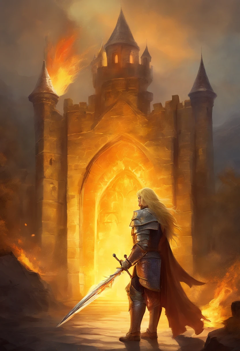 Medieval fortress On fire . Knight with long yellow hair, yellow armor. He stands in front of the fortress door