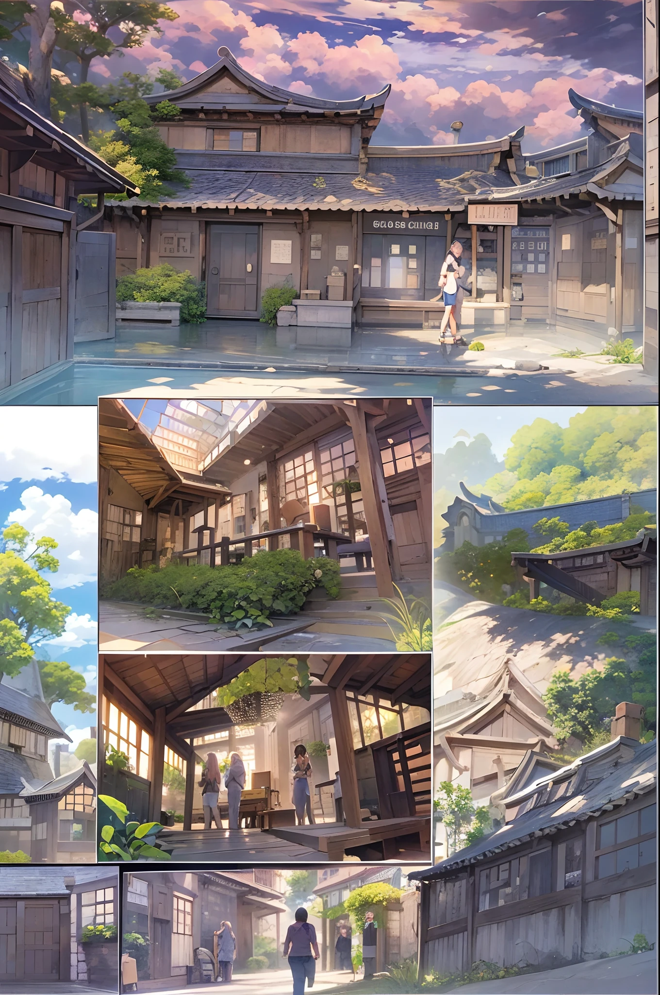 （（（Comic storyboard））），comic strip，Two-dimensional picture，Manhwa Style，Ultra-wide angle of view，China-style，a town with beautiful scenery，Faraway view，Vivid and bright colors，super-fine，ultra - detailed，high qulity，8K ，oc rendered，dynamic viewing angle，Hyper-realistic，Hyper Real，Ultra photo realsisim