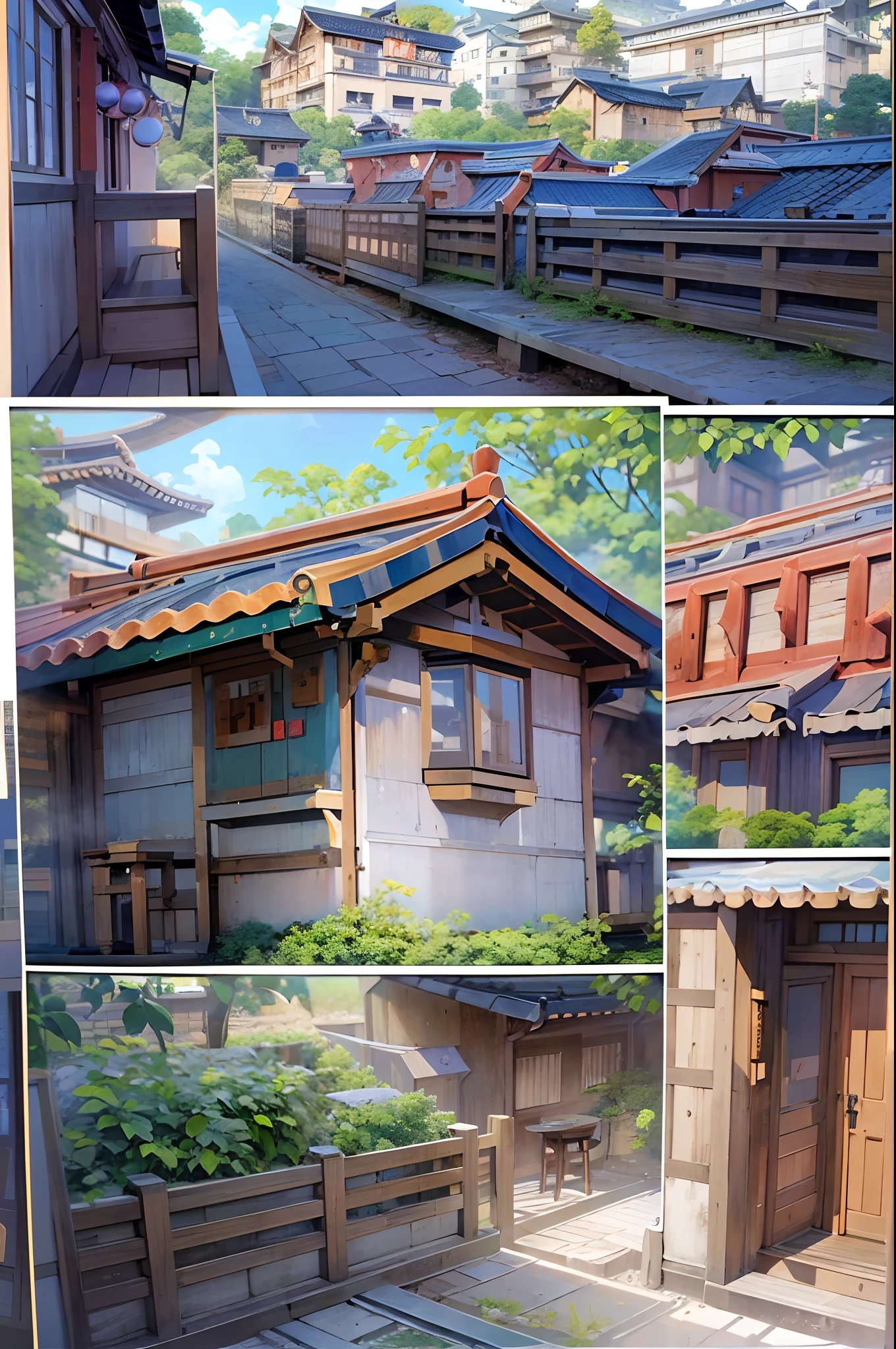 （（（Comic storyboard））），comic strip，Two-dimensional picture，Manhwa Style，Ultra-wide angle of view，China-style，a town with beautiful scenery，Faraway view，Vivid and bright colors，super-fine，ultra - detailed，high qulity，8K ，oc rendered，dynamic viewing angle，Hyper-realistic，Hyper Real，Ultra photo realsisim