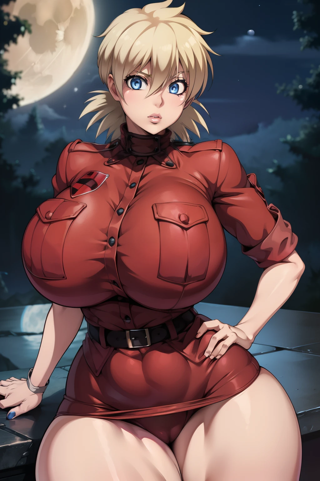 Hellsing Ultimate, Seras Victoria, 1girl, ((bimbo))), short blond hair, blue eyes, puffy lips, thick lips, wide hips, thick thighs, enormous round fake breast, huge ass, kiss face, tight yellow police uniform, breasts squeezed together, sitting, posing, night time, moon