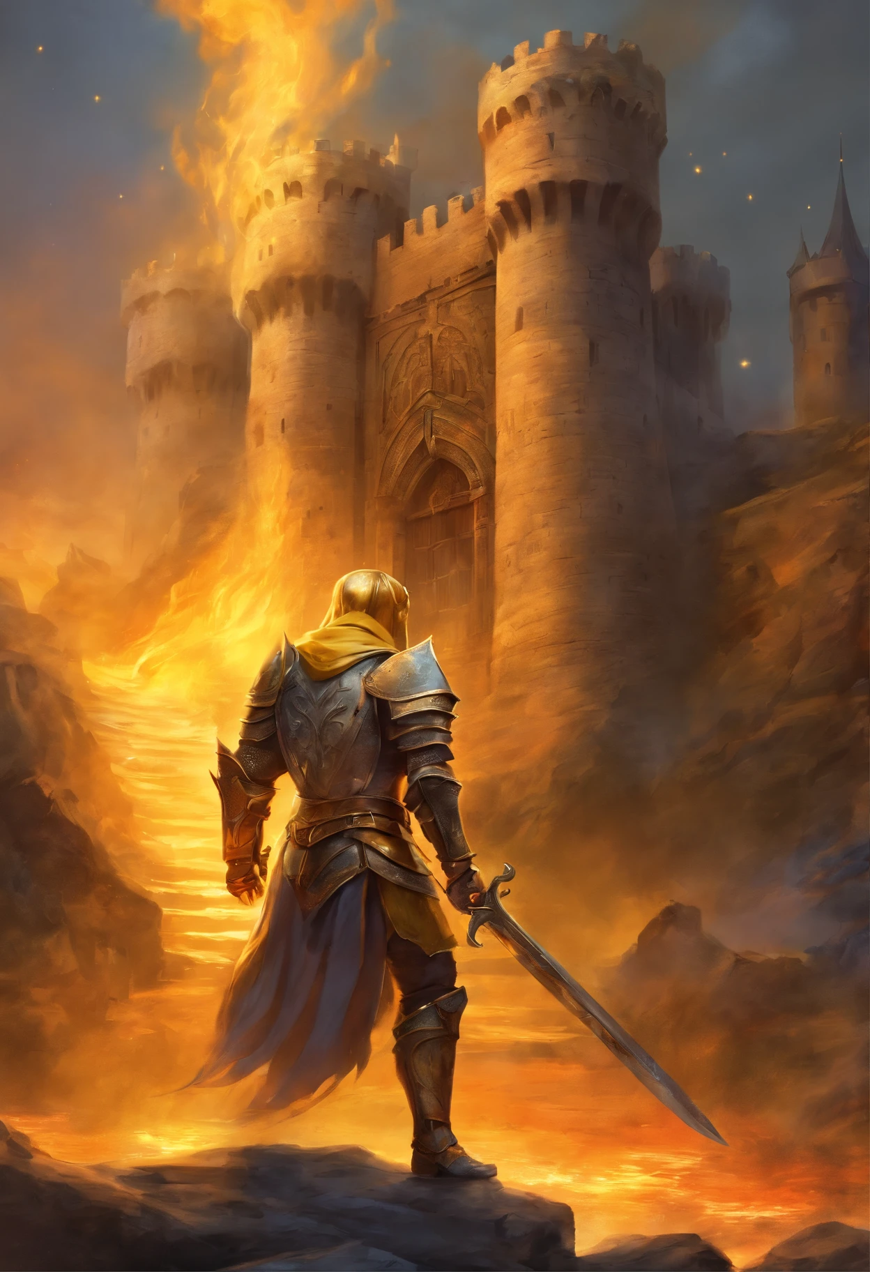 Medieval fortress On fire . Knight with long yellow hair, yellow armor. He stands in front of the fortress door