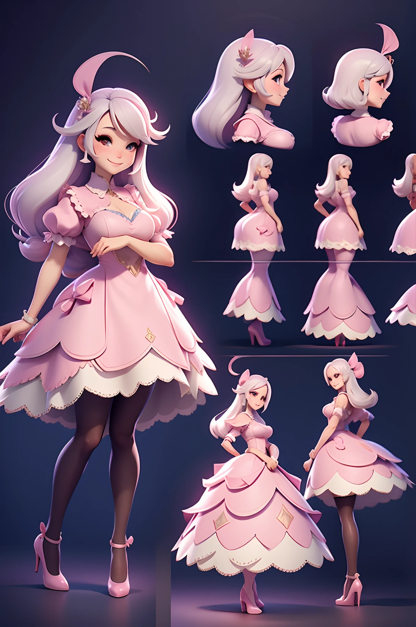 a waifu smiling in a dress, pumps, character design sheet, different poses, different angles,