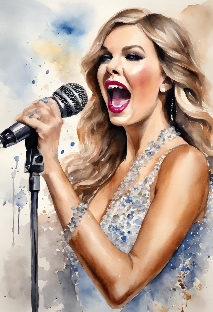 Taylor Swift and Katy Perry singing together with a single microphone una en frente de la otra y viendo a la camara, Wonderful stage performances,Luces brillantes,Dynamic dance,Singing with passion,Pop-style music, The unique image and charm of Taylor Swift,Voz encantadora,Maquillaje y vestuario exquisitos,Impresionante escenario,The enthusiastic audience shouts, encantador, cuerpo completo. Todo Hecho con Estilo de acuarela