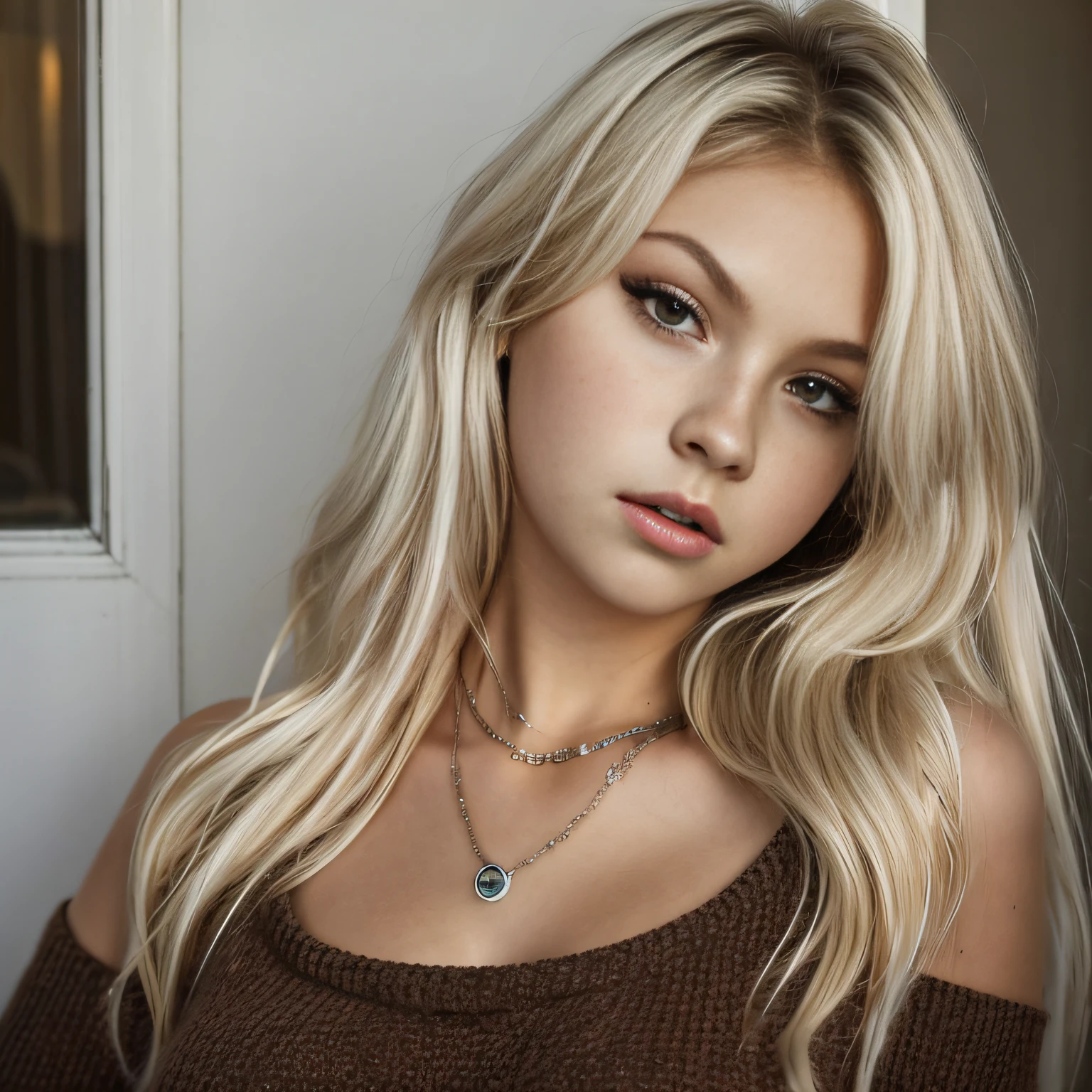 1girl in, age19, Solo, blond, Long hair, Colossal tits, Looking at Viewer, blondehair, Bare shoulders, Brown eyes, jewelry, Full body, a necklace, off shoulders, Sweaters, Realistic, A sexy