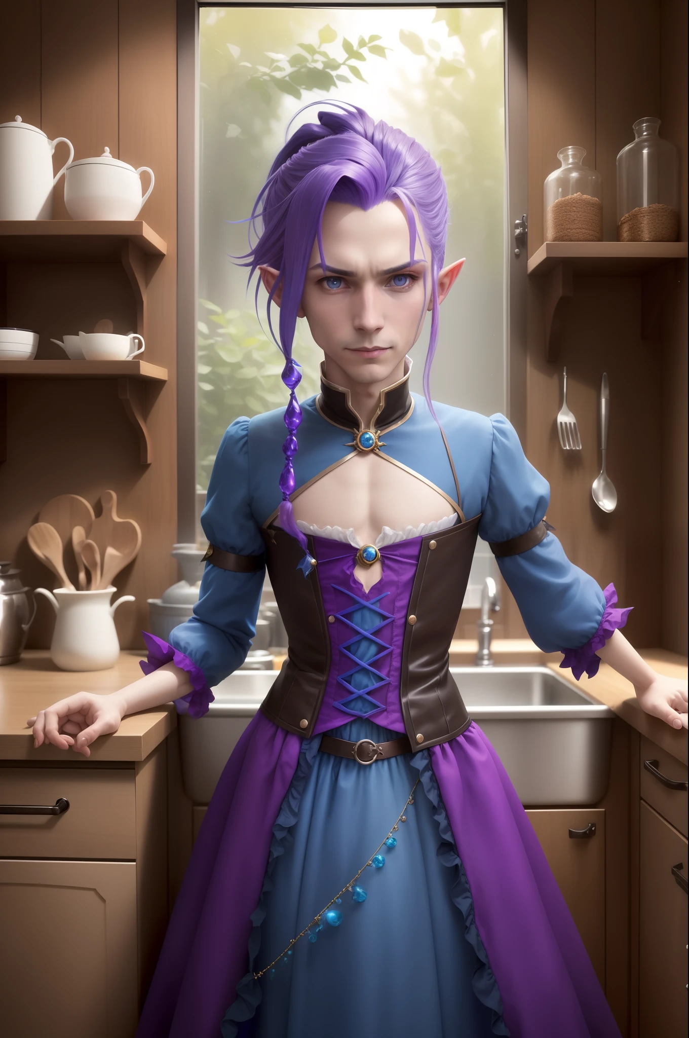 There's a man in a blue dress standing in a kitchen, caleb from critical role, cosplay ornamentado, elfo azul, Foto do personagem de fantasia, Retrato de um mago masculino, Retrato de um jovem mago elfo, como um D&d feiticeiro, she is in the potions workshop, Retrato de Jinx de Arcane, cosplay glamouroso