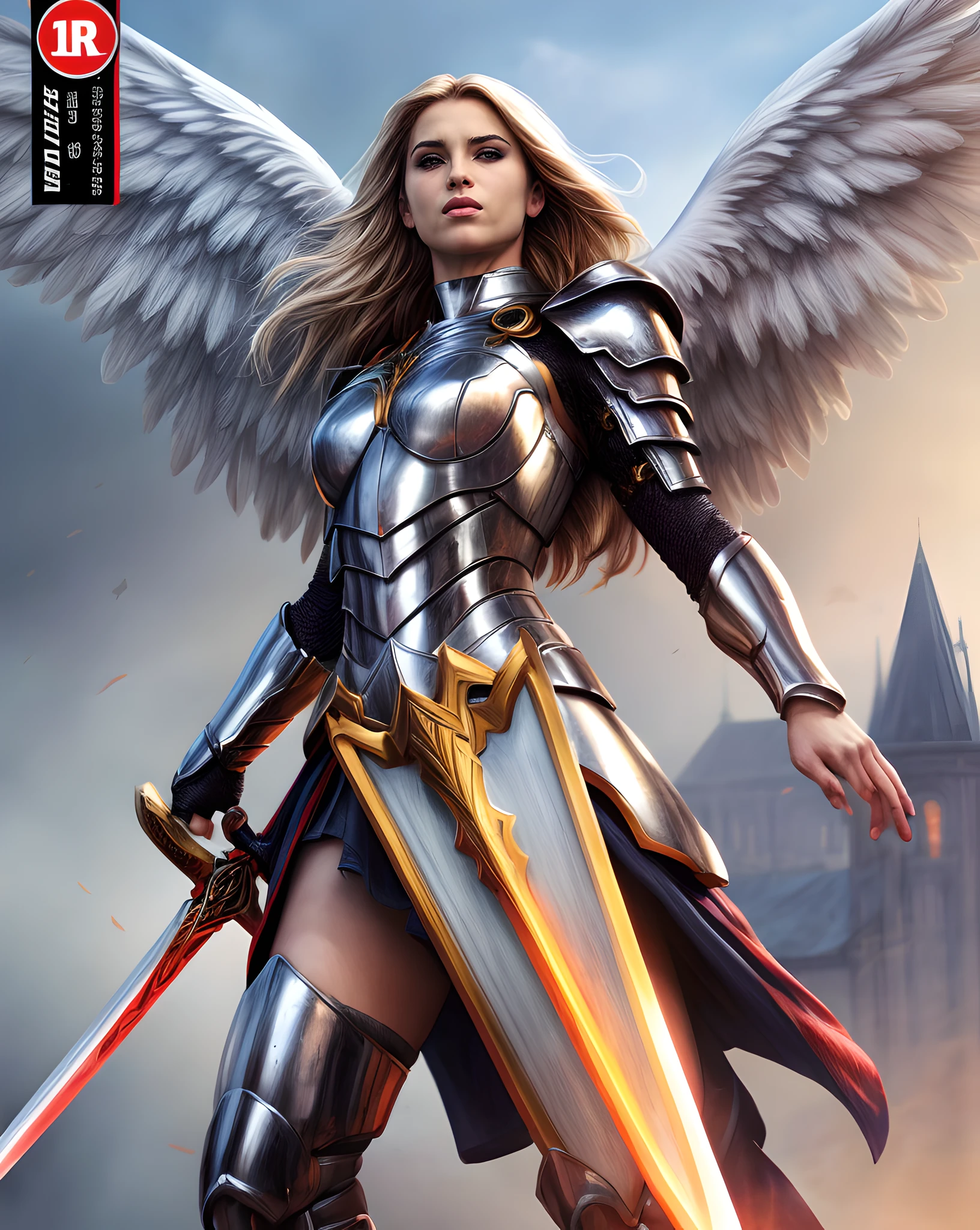 (Comic book cover art: 1.5), an female archangel prepared for battle, an extremally beautiful warrior angel, ultra feminine, long hair, blond hair, braided hair, wearing divine heavy armor, (white armor: 1.2), (angel wings: 1.2) spread, aremed with fantasysword sword, sword covered with blue fire, ultra wide shot, photorealism, depth of field, hyper realistic, 2.5 rendering,