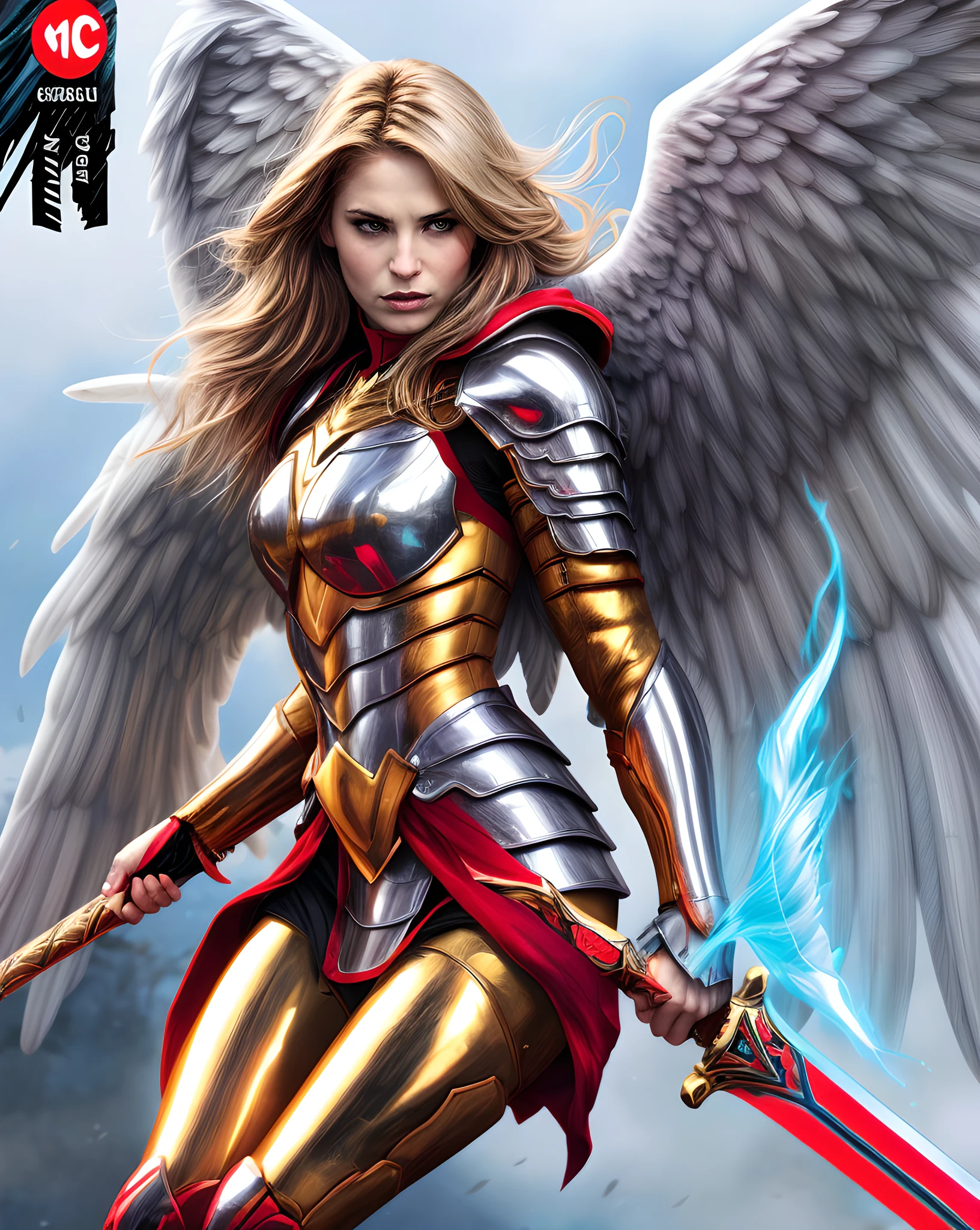 (Comic book cover art: 1.5), an female archangel prepared for battle, an extremally beautiful warrior angel, ultra feminine, long hair, blond hair, braided hair, wearing divine heavy armor, (white armor: 1.2), (angel wings: 1.2) spread, aremed with fantasysword sword, sword covered with blue fire, ultra wide shot, photorealism, depth of field, hyper realistic, 2.5 rendering,