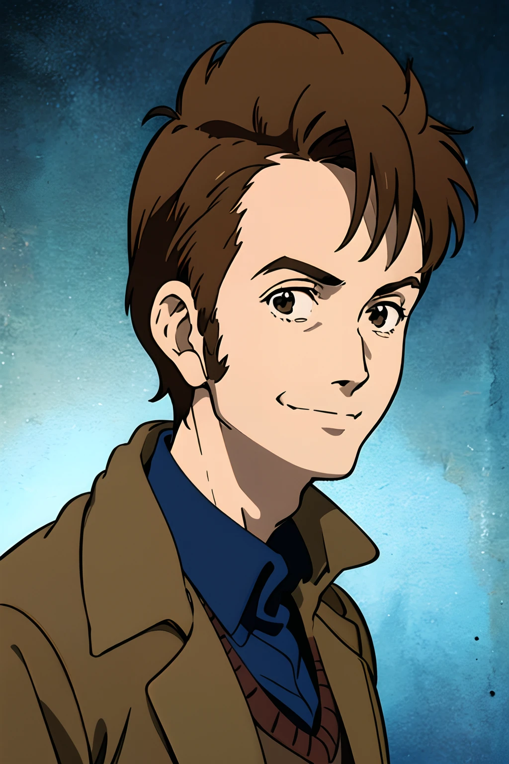 masterpiece, anime screencap,best quality, ultra high res, 1boy, headbust, brown_jacket, David tennant, smile, 16k,(((ghibli style)))
