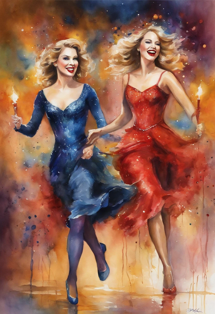 Of course, here's a prompt in English based on the description you provided:

"Imagine Taylor Swift and Katy Perry standing together on a dazzling stage, sharing a single microphone, with their eyes locked onto the camera. Both artists deliver stunning stage performances, surrounded by bright lights that illuminate their dynamic dance. They sing with passion in a unique pop style, while Taylor Swift dazzles with her characteristic charm and enchanting voice. Their makeup and costumes are exquisite, further enhancing the beauty of the show.

The stage is breathtaking, and the enthusiastic audience cheers with joy as these two stars shine with their charm and talent. This unique image is captured in a watercolor style, highlighting the beauty and excitement of this epic collaboration."