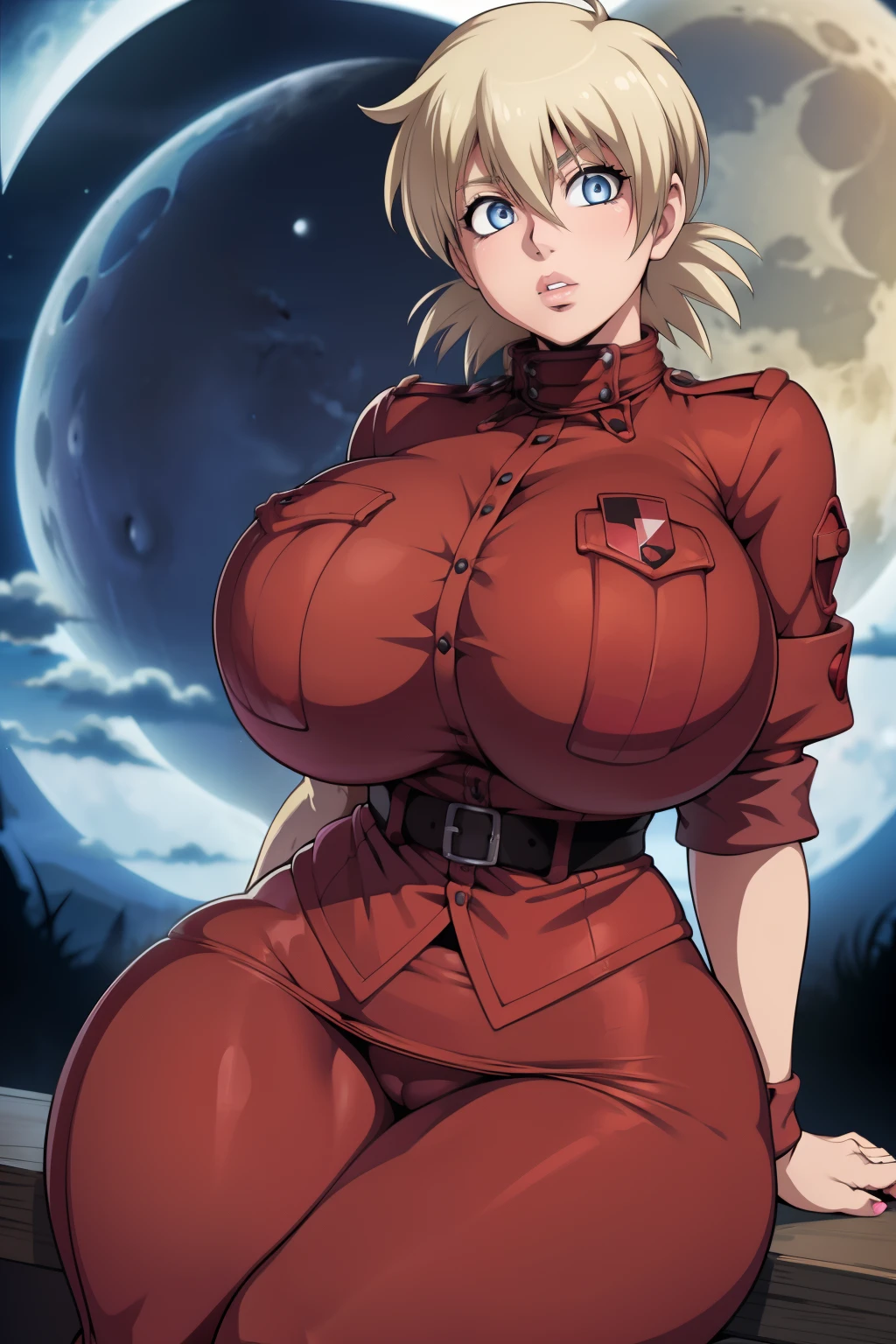 Hellsing Ultimate, Seras Victoria, 1girl, ((bimbo))), short blond hair, blue eyes, puffy lips, thick lips, wide hips, thick thighs, enormous round fake breast, huge ass, kiss face, tight yellow police uniform, breasts squeezed together, sitting, undressing, posing, night time, moon