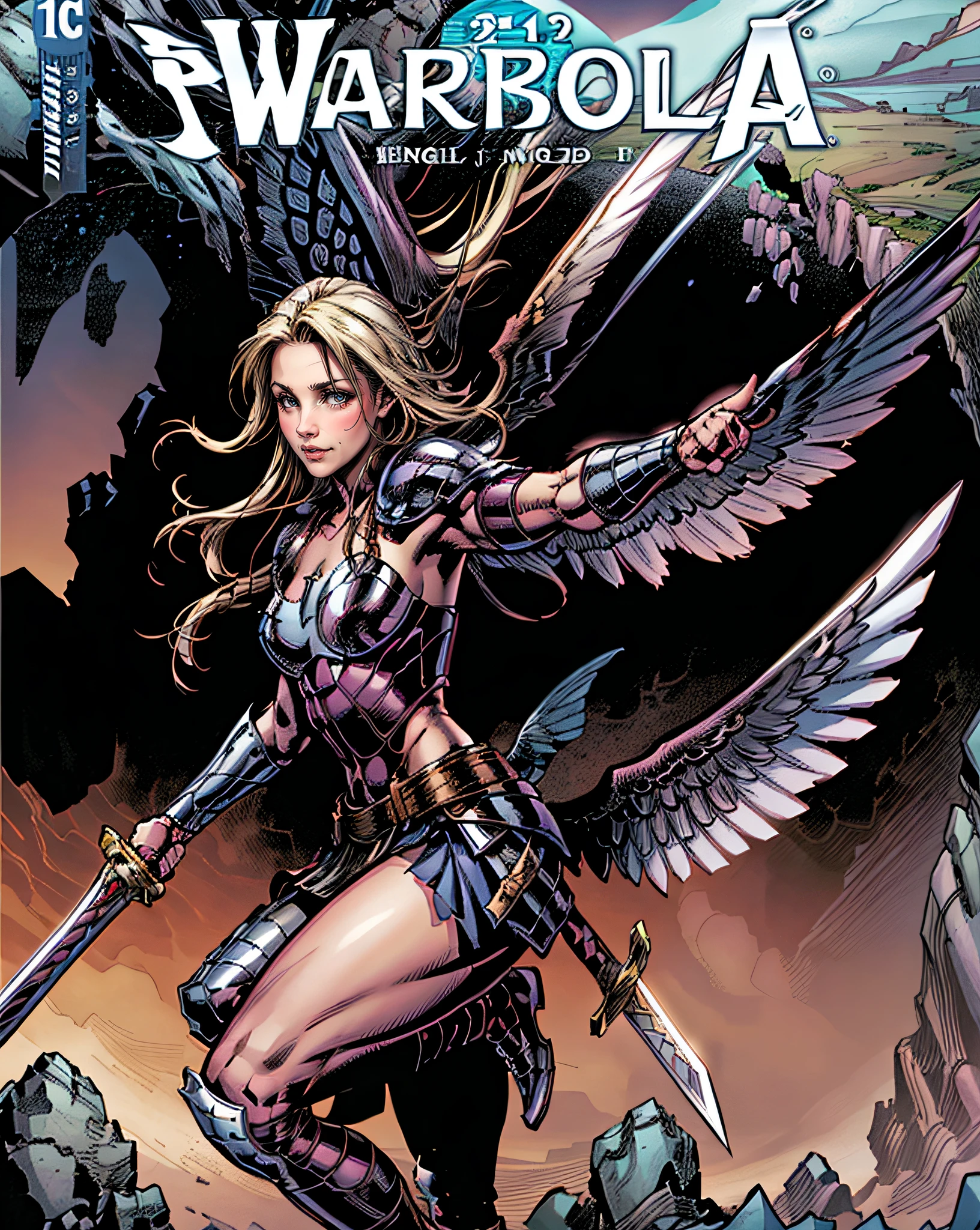 (Comic book cover art: 1.5), an female archangel prepared for battle, an extremally beautiful warrior angel, ultra feminine, long hair, blond hair, braided hair, wearing divine heavy armor, (white armor: 1.2), (angel wings: 1.2) spread, aremed with fantasysword sword, sword covered with blue fire, 16k, RAW, ultra wide shot, photorealism, depth of field, hyper realistic, 2.5 rendering, comic cover