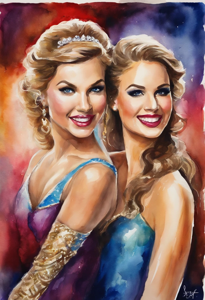 Of course, here's a prompt in English based on the description you provided:

"Imagine Taylor Swift and Ariana Grande standing together on a dazzling stage, sharing a single microphone, with their eyes locked onto the camera. Both artists deliver stunning stage performances, surrounded by bright lights that illuminate their dynamic dance. They sing with passion in a unique pop style, while Taylor Swift dazzles with her characteristic charm and enchanting voice. Their makeup and costumes are exquisite, further enhancing the beauty of the show.

The stage is breathtaking, and the enthusiastic audience cheers with joy as these two stars shine with their charm and talent. This unique image is captured in a watercolor style, highlighting the beauty and excitement of this epic collaboration."