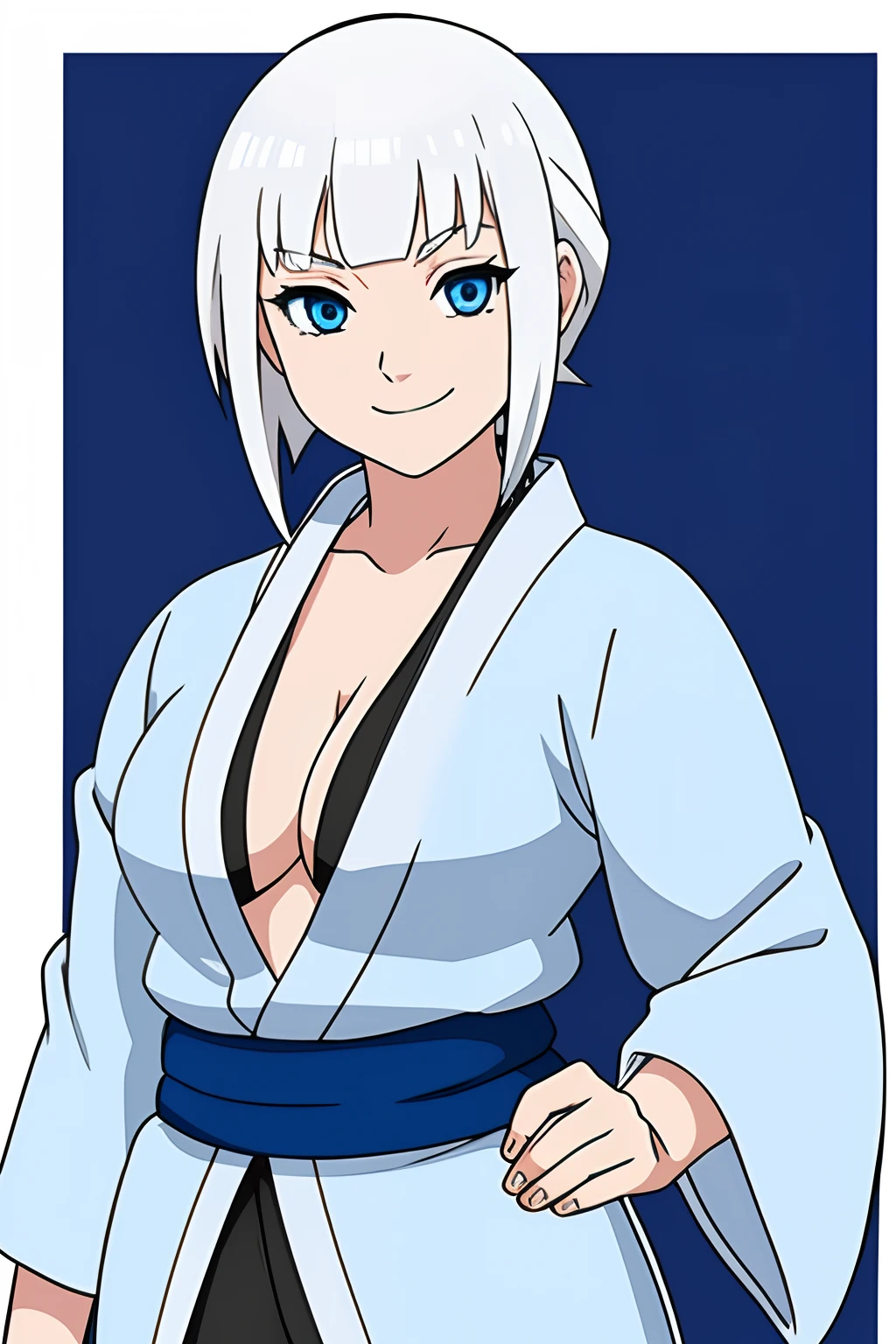 white hair, ice blue eyes, white and blue kimono top, black shorts, cowboy shot, smile, solo female, detailed, medium breasts