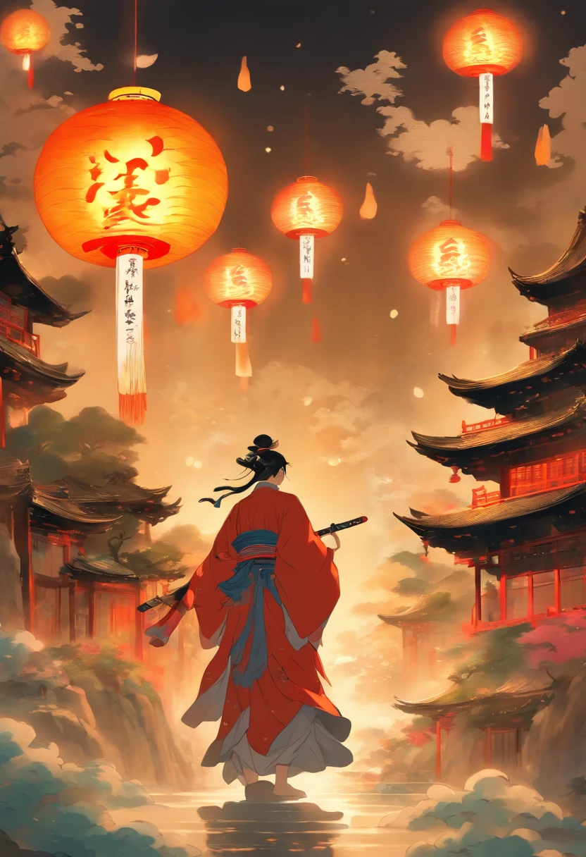 guards around a house, bright light, celestial beings, feudal Japan, night, full moon in the background, Shui Mo Hua, lotus, Chinese painting style, Thangka style, masterpiece, lunar light, depth of field, best quality