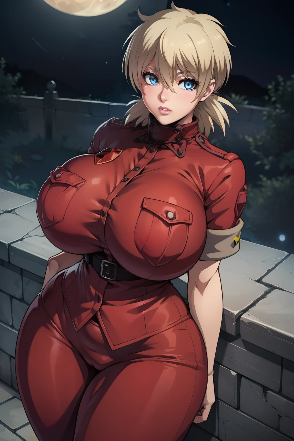 Hellsing Ultimate, Seras Victoria, 1girl, ((bimbo))), short blond hair, blue eyes, puffy lips, thick lips, wide hips, thick thighs, enormous round fake breast, huge ass, kiss face, tight yellow police uniform, breasts squeezed together, picture from above, night time, moon,