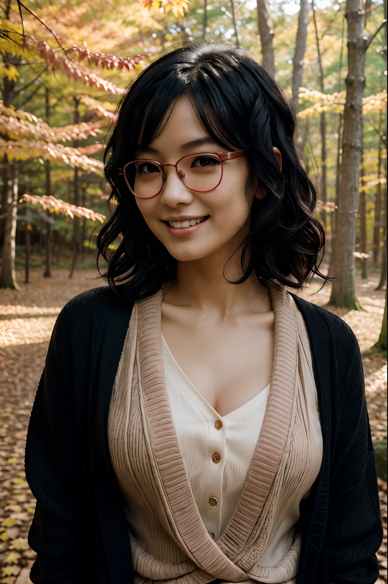 masterpiece, japanese woman, ((short wavy black hair)), blush, perfect illumination, autumn, fall season, bright red trees, late afternoon, forest, extremely detailed face, bangs, bright skin, big smile, portrait, cardigan, colorful, rimless glasses, depth of field, boulders, reddish