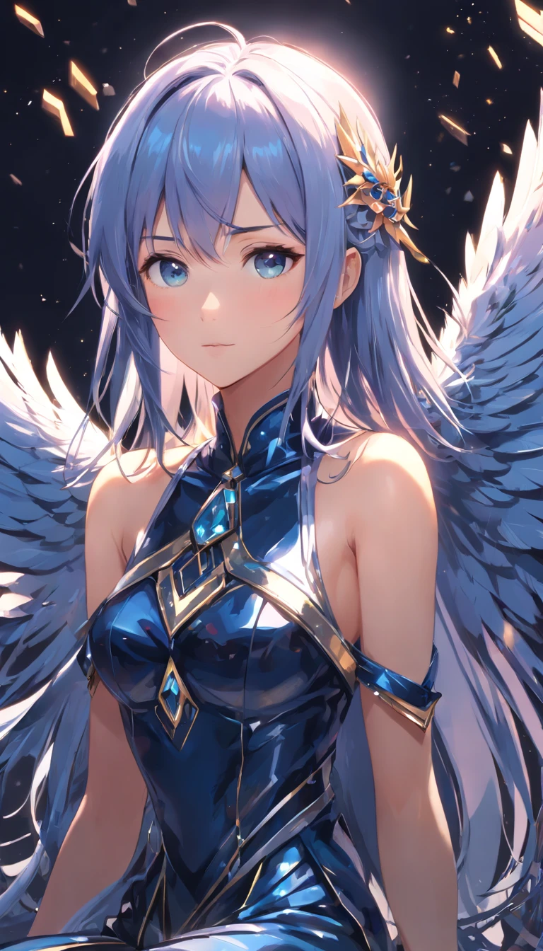 (extremely detailed CG unity 16k wallpaper:1.1), (Denoising strength: 1.45), (tmasterpiece:1.37), (beautiful detailed girl), a girl, solo, bare shoulders, flat_chst, diamond and glaring eyes, beautiful detailed cold face, very long blue and sliver hair, floaing black feathers, wavy hair, black and white sleeves, gold and sliver fringes, a (blackhole) behind the girl, a silver triple crown inlaid with obsidian, (sit) on the black ((throne)), (depth) of (field), illustration, (((masterpiece))), best quality